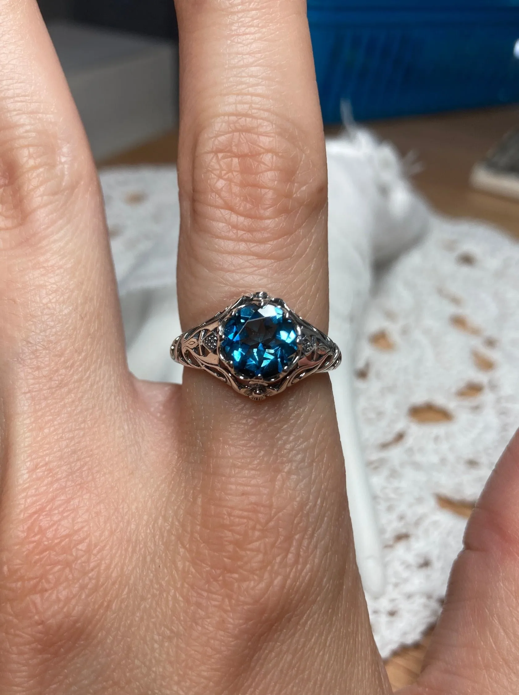 London Blue Topaz Ring, Natural or Simulated Gemstone, Daisy Filigree Victorian Jewelry #D66