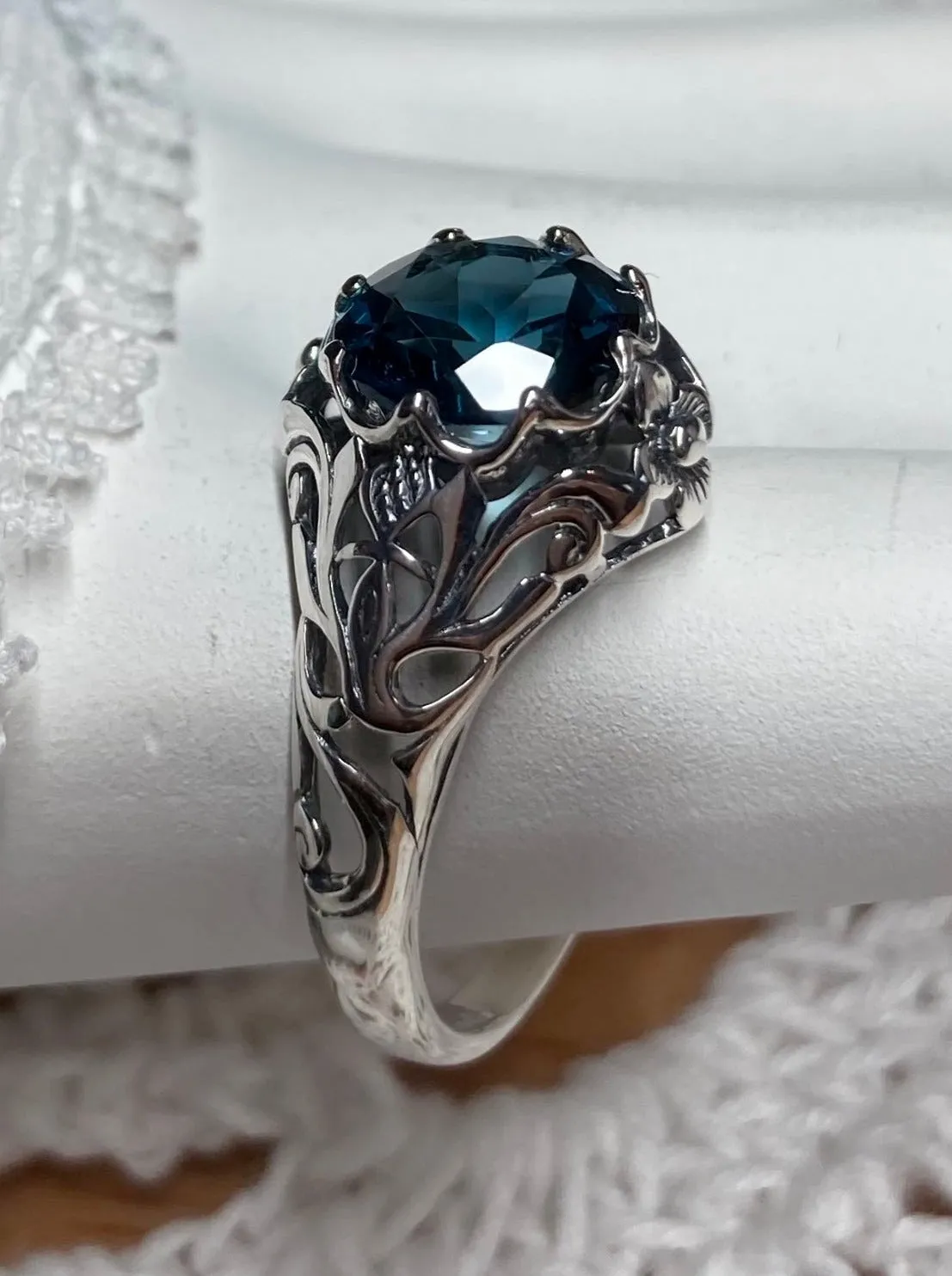 London Blue Topaz Ring, Natural or Simulated Gemstone, Daisy Filigree Victorian Jewelry #D66