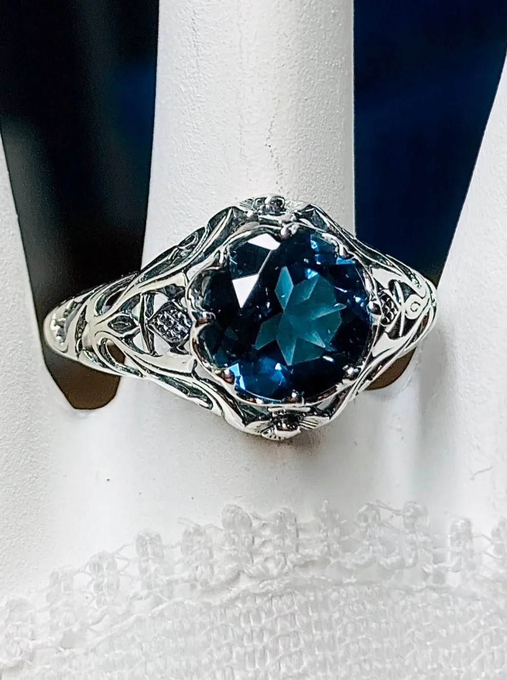 London Blue Topaz Ring, Natural or Simulated Gemstone, Daisy Filigree Victorian Jewelry #D66