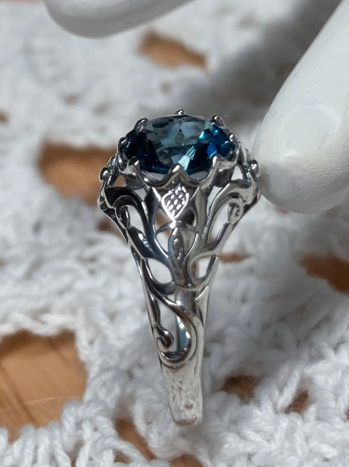 London Blue Topaz Ring, Natural or Simulated Gemstone, Daisy Filigree Victorian Jewelry #D66