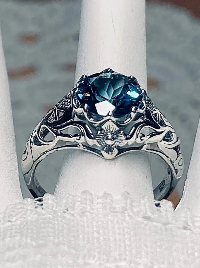 London Blue Topaz Ring, Natural or Simulated Gemstone, Daisy Filigree Victorian Jewelry #D66