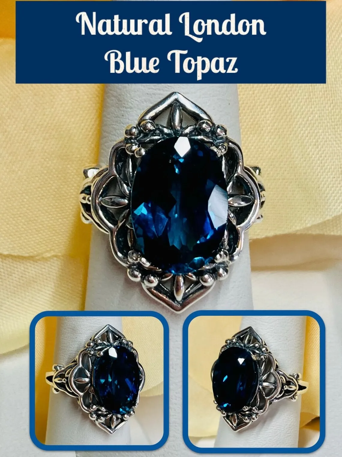 London Blue Topaz Ring, Natural or Simulated Oval Gem, Gothic Filigree Ring - Vintage Jewelry D98