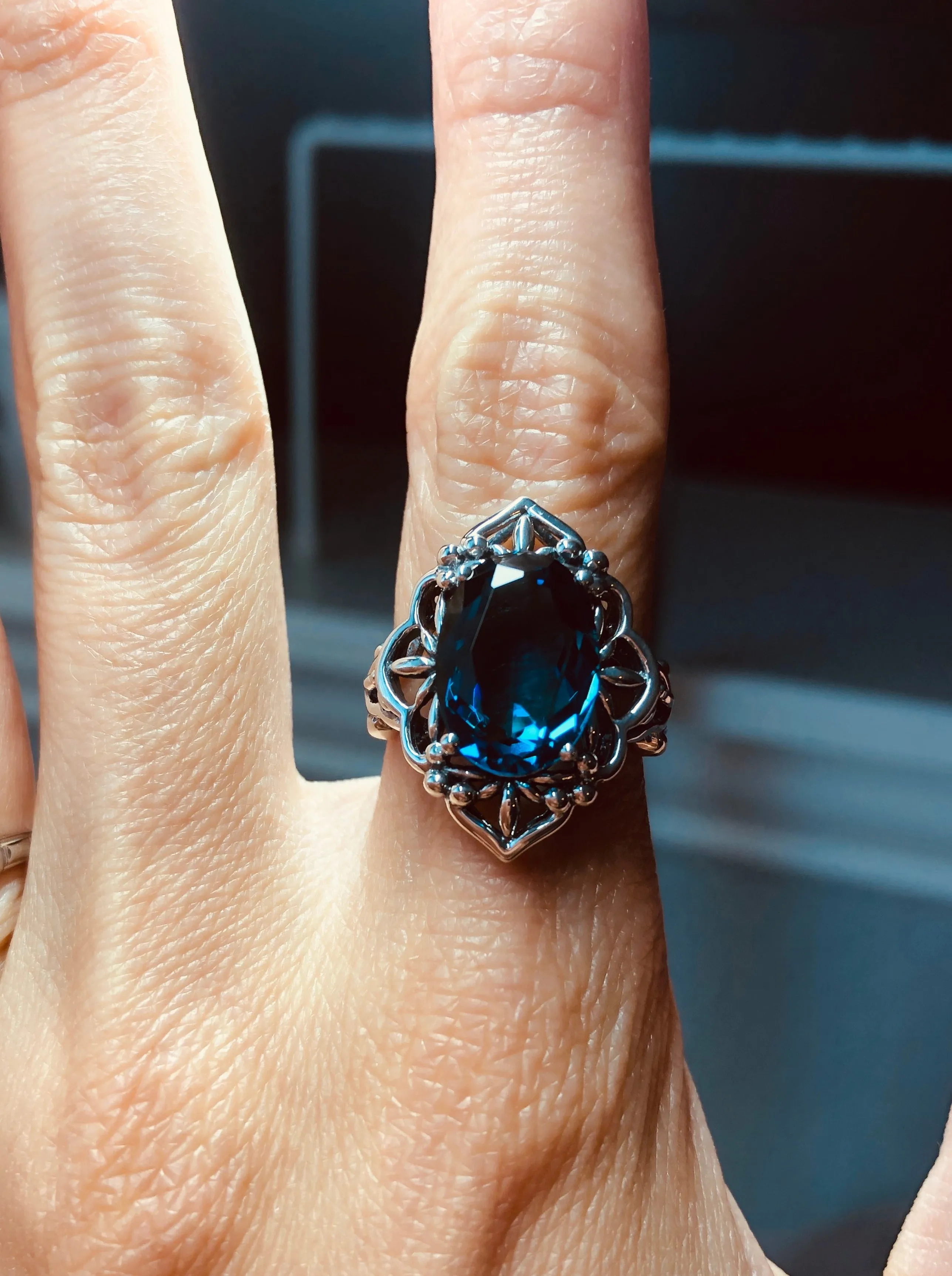 London Blue Topaz Ring, Natural or Simulated Oval Gem, Gothic Filigree Ring - Vintage Jewelry D98