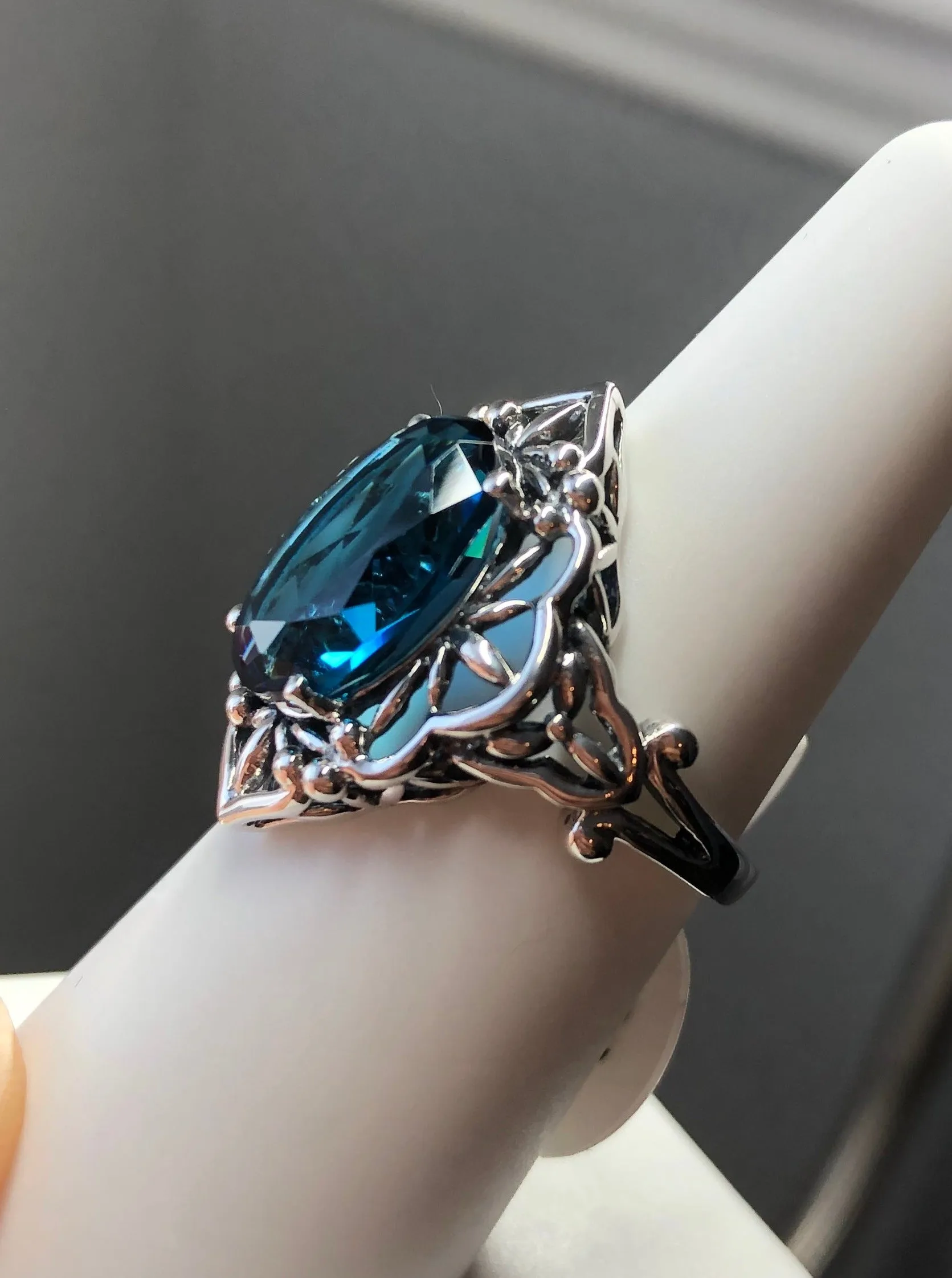 London Blue Topaz Ring, Natural or Simulated Oval Gem, Gothic Filigree Ring - Vintage Jewelry D98