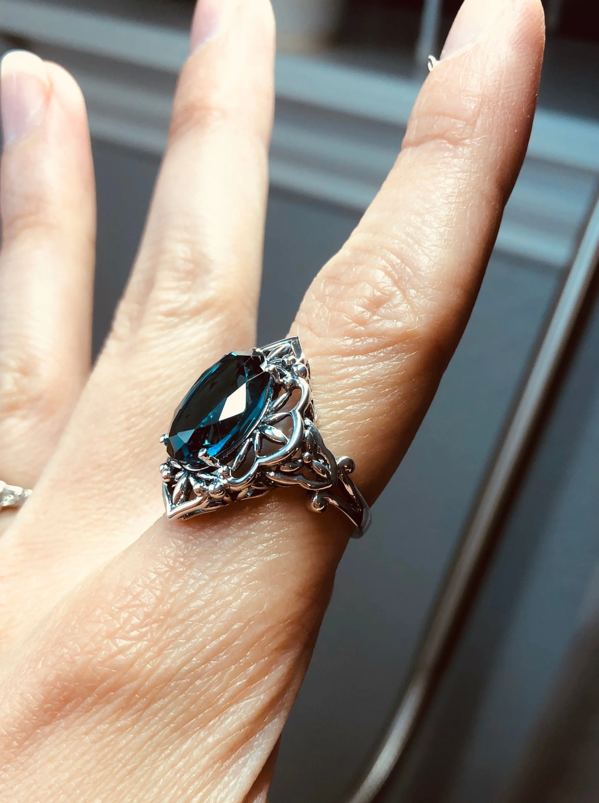 London Blue Topaz Ring, Natural or Simulated Oval Gem, Gothic Filigree Ring - Vintage Jewelry D98