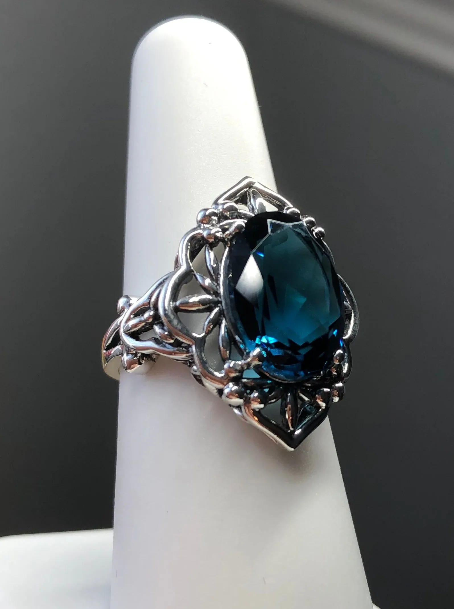 London Blue Topaz Ring, Natural or Simulated Oval Gem, Gothic Filigree Ring - Vintage Jewelry D98