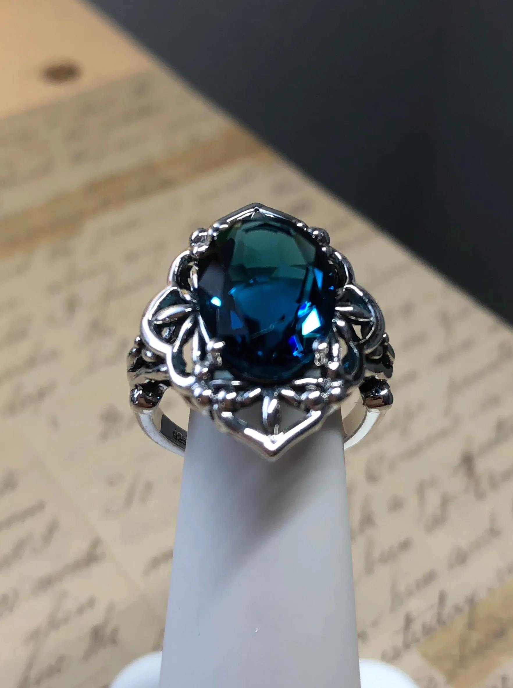 London Blue Topaz Ring, Natural or Simulated Oval Gem, Gothic Filigree Ring - Vintage Jewelry D98