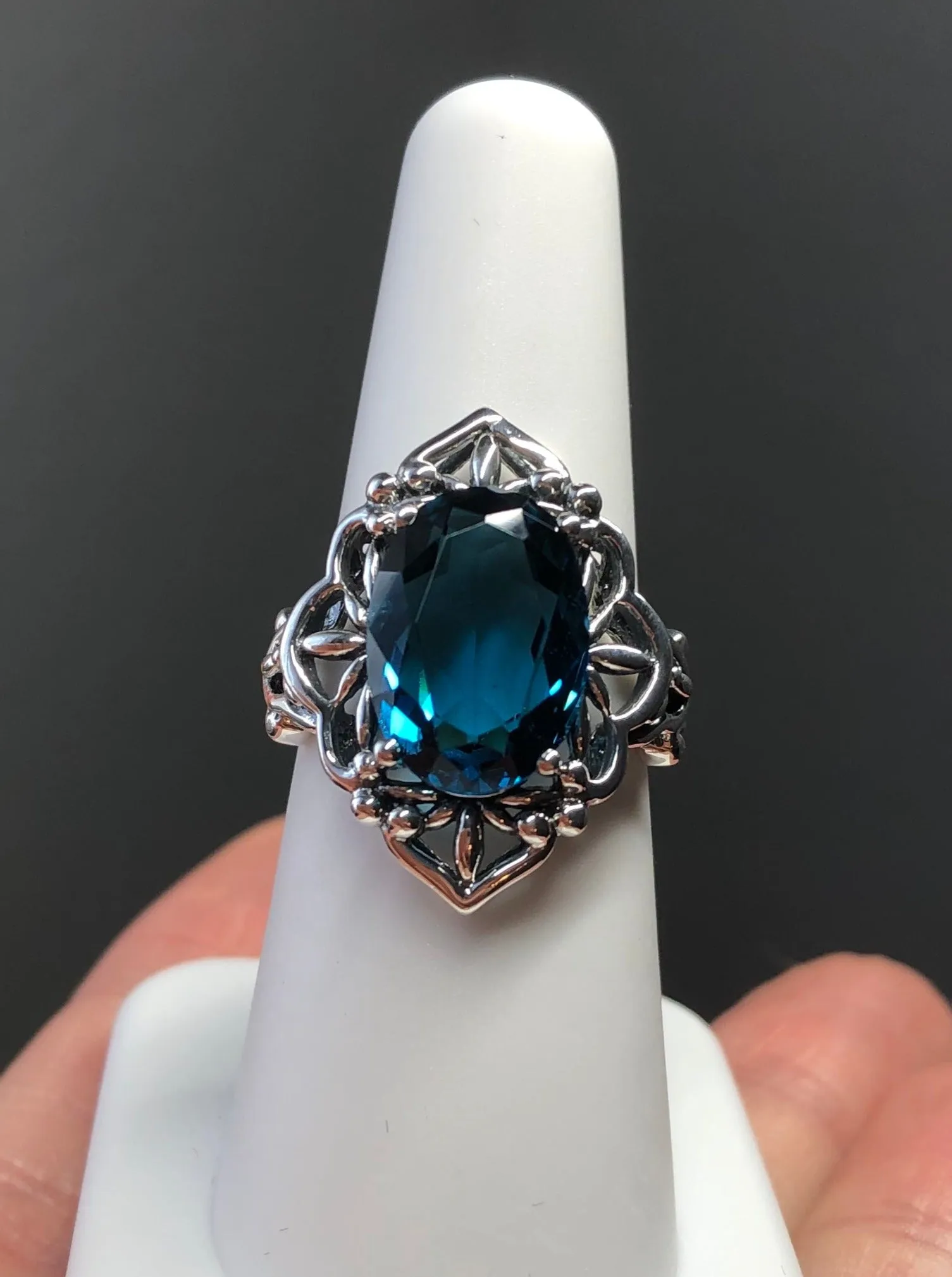 London Blue Topaz Ring, Natural or Simulated Oval Gem, Gothic Filigree Ring - Vintage Jewelry D98