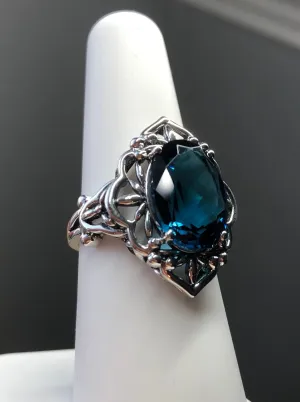 London Blue Topaz Ring, Natural or Simulated Oval Gem, Gothic Filigree Ring - Vintage Jewelry D98
