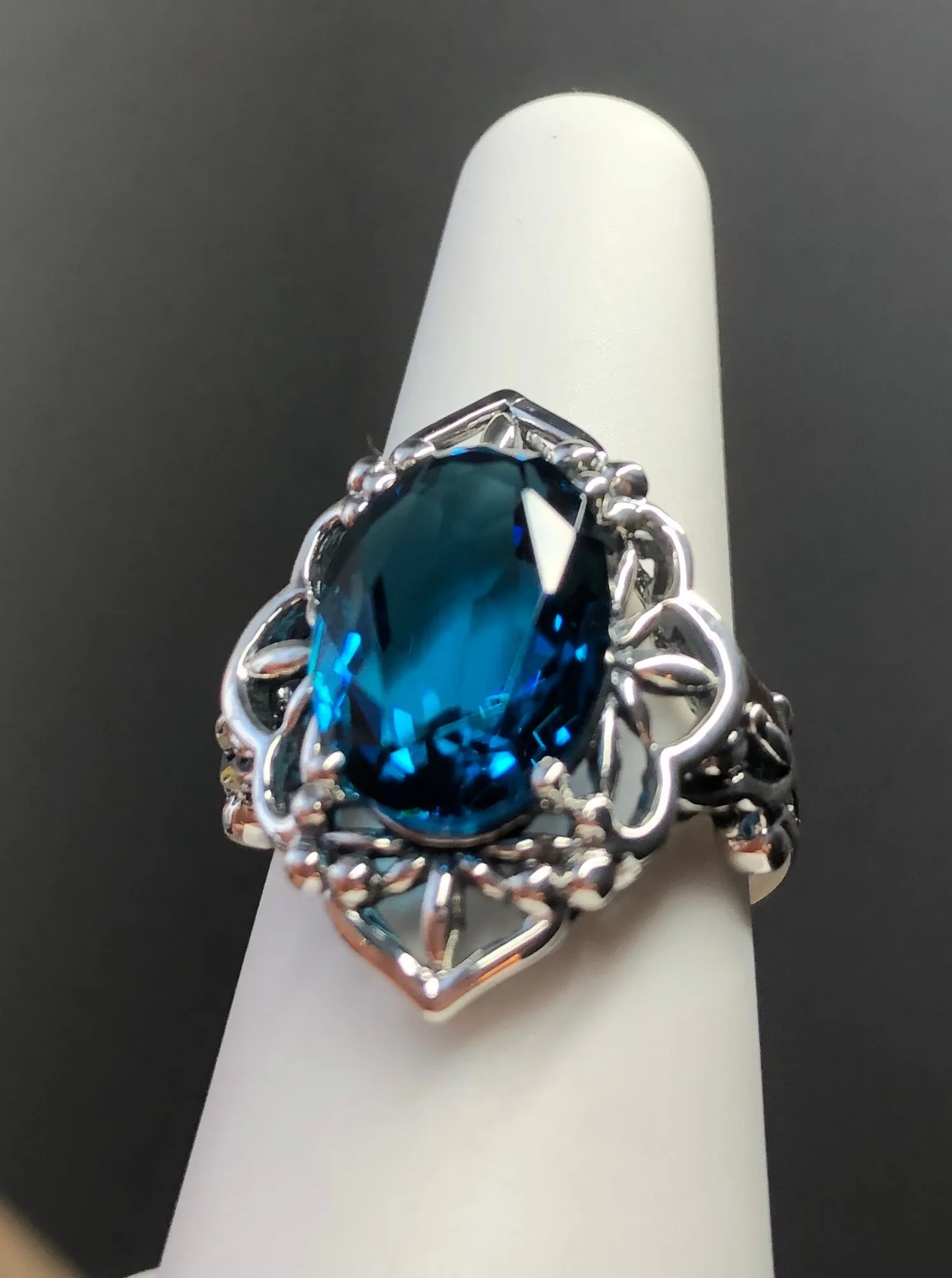 London Blue Topaz Ring, Natural or Simulated Oval Gem, Gothic Filigree Ring - Vintage Jewelry D98