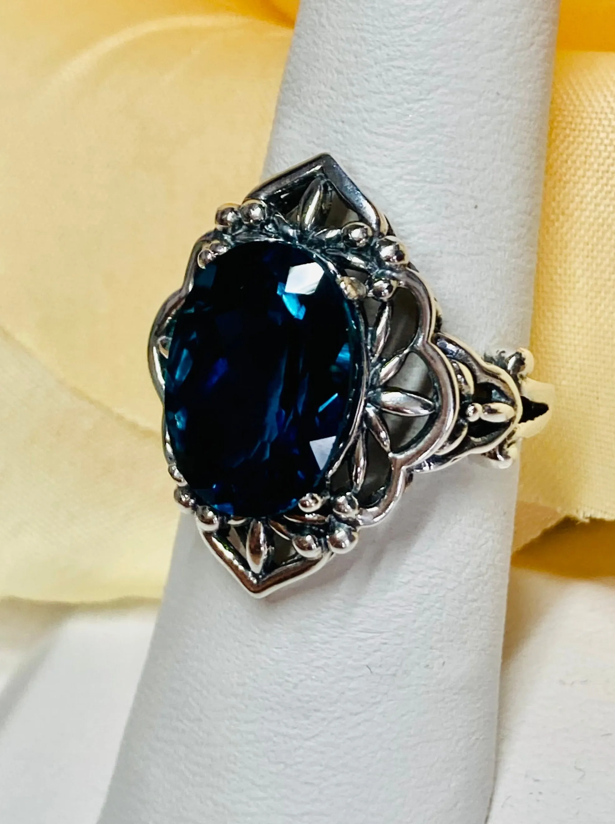 London Blue Topaz Ring, Natural or Simulated Oval Gem, Gothic Filigree Ring - Vintage Jewelry D98