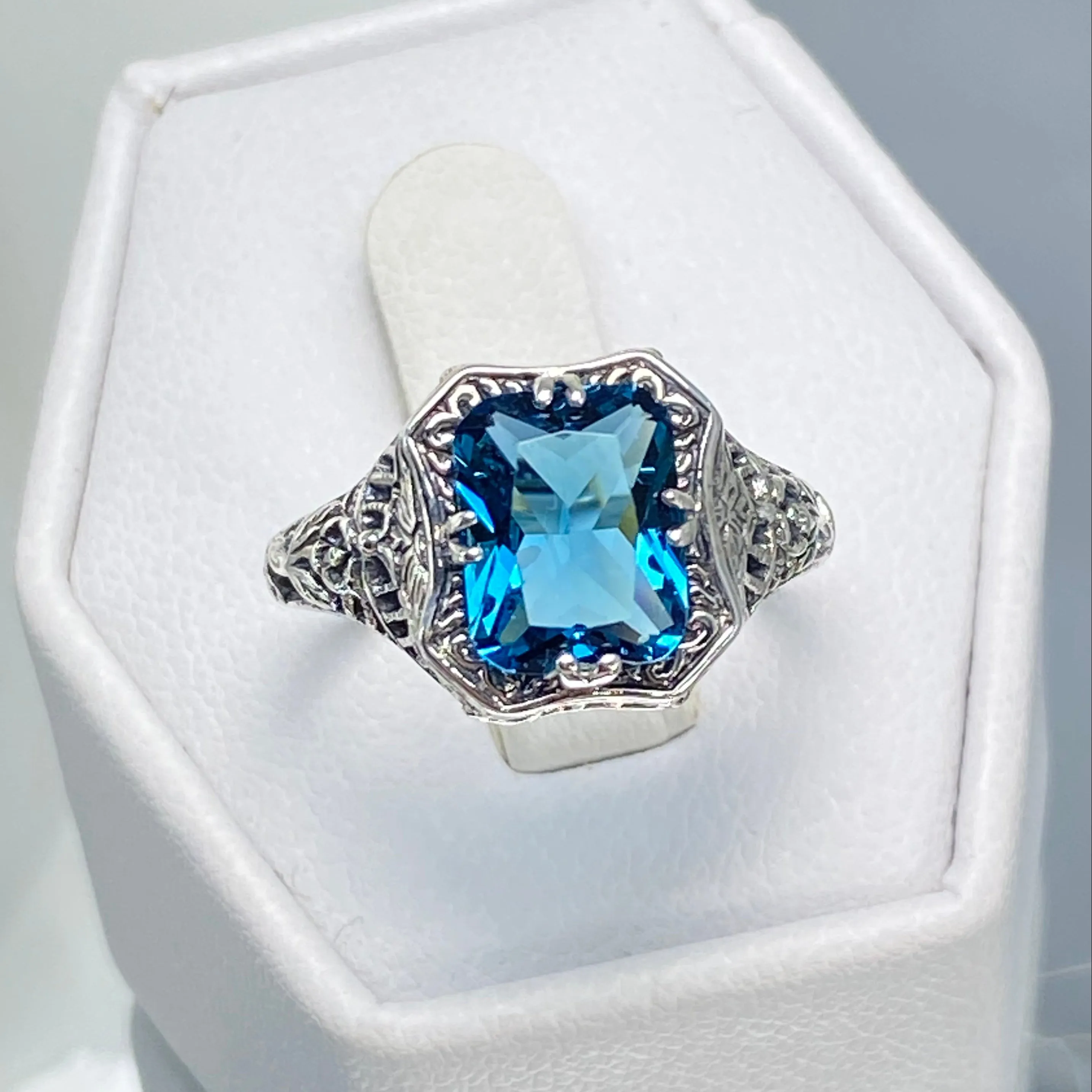 London Blue Topaz Ring, Natural or Simulated Topaz, Edwardian Jewelry #D148