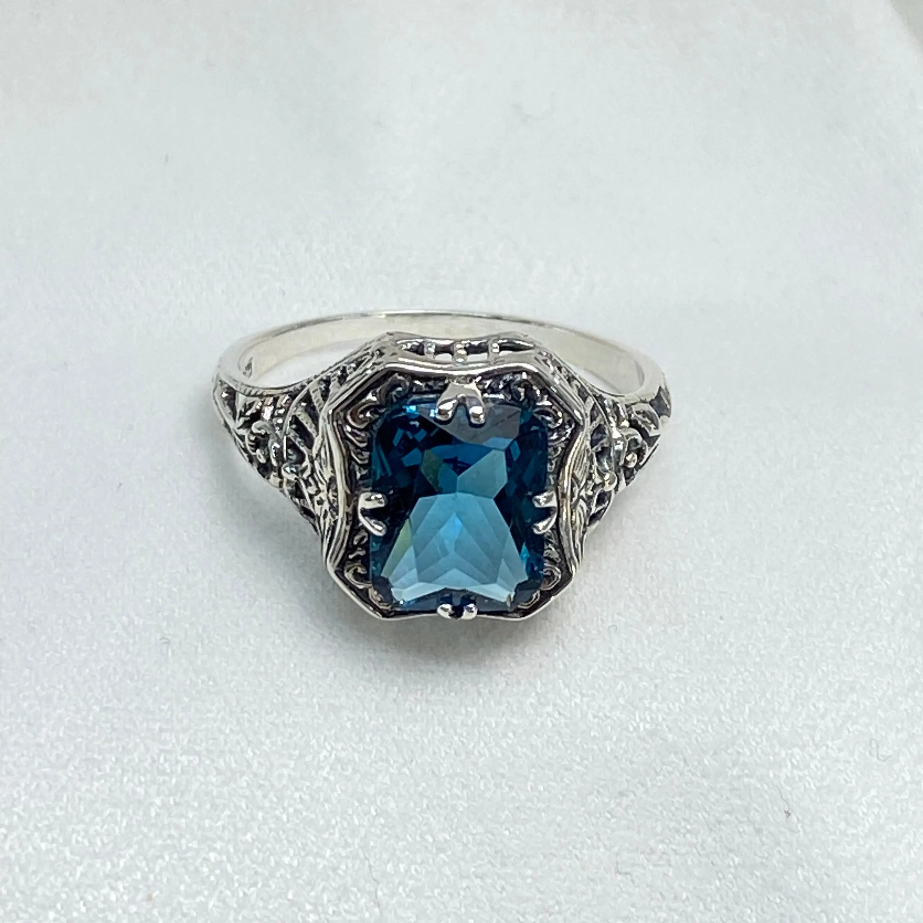 London Blue Topaz Ring, Natural or Simulated Topaz, Edwardian Jewelry #D148