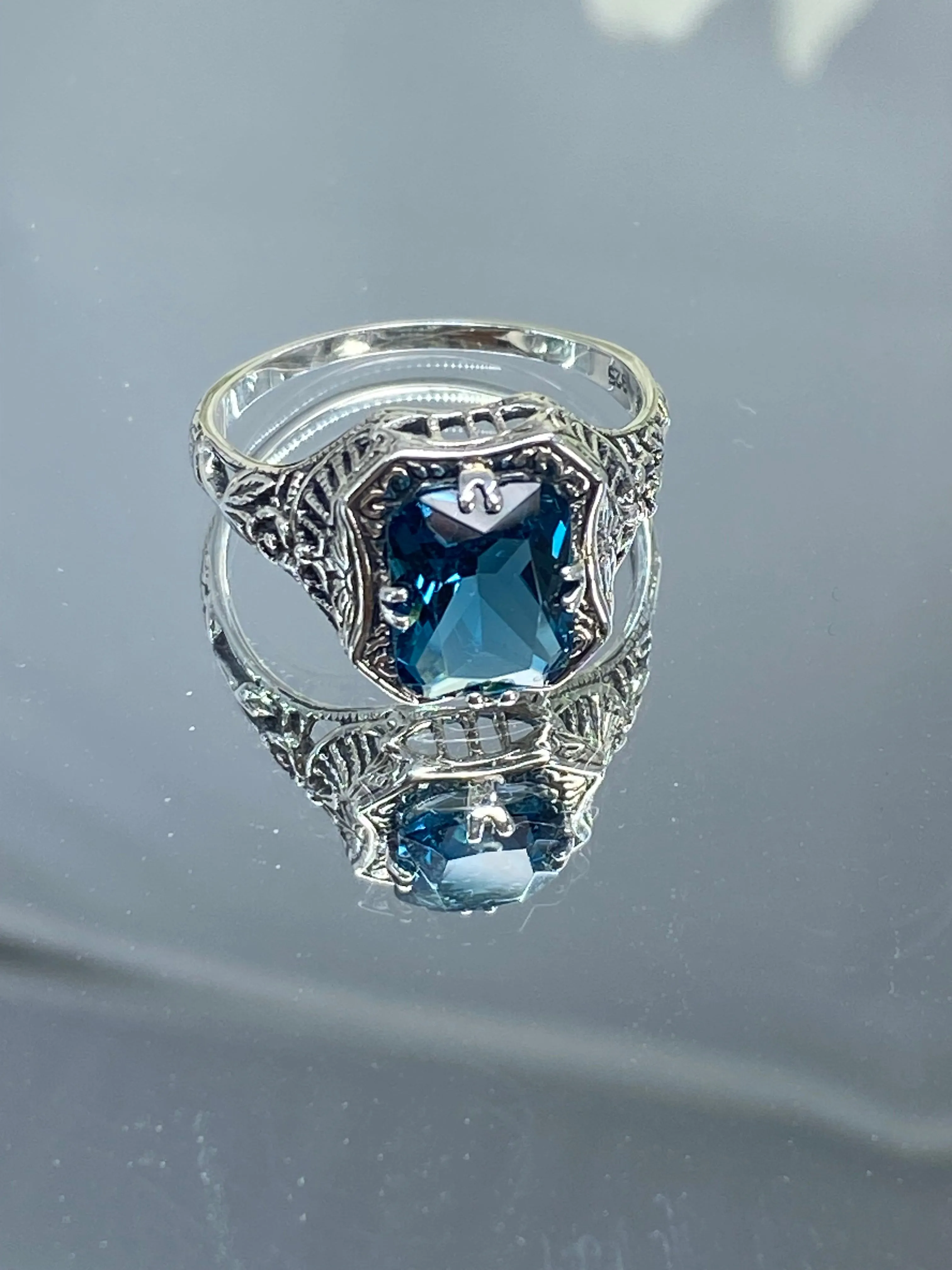 London Blue Topaz Ring, Natural or Simulated Topaz, Edwardian Jewelry #D148