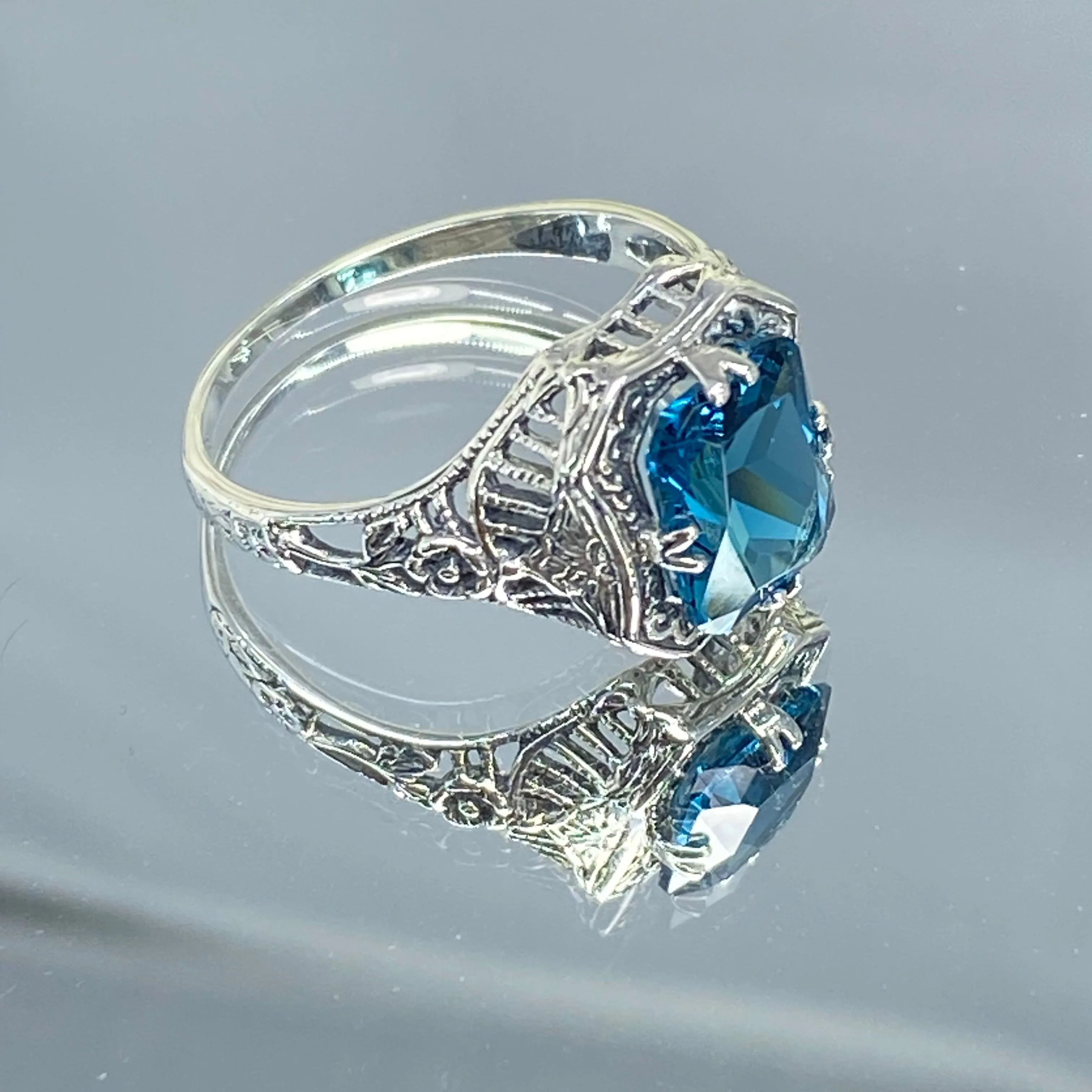 London Blue Topaz Ring, Natural or Simulated Topaz, Edwardian Jewelry #D148