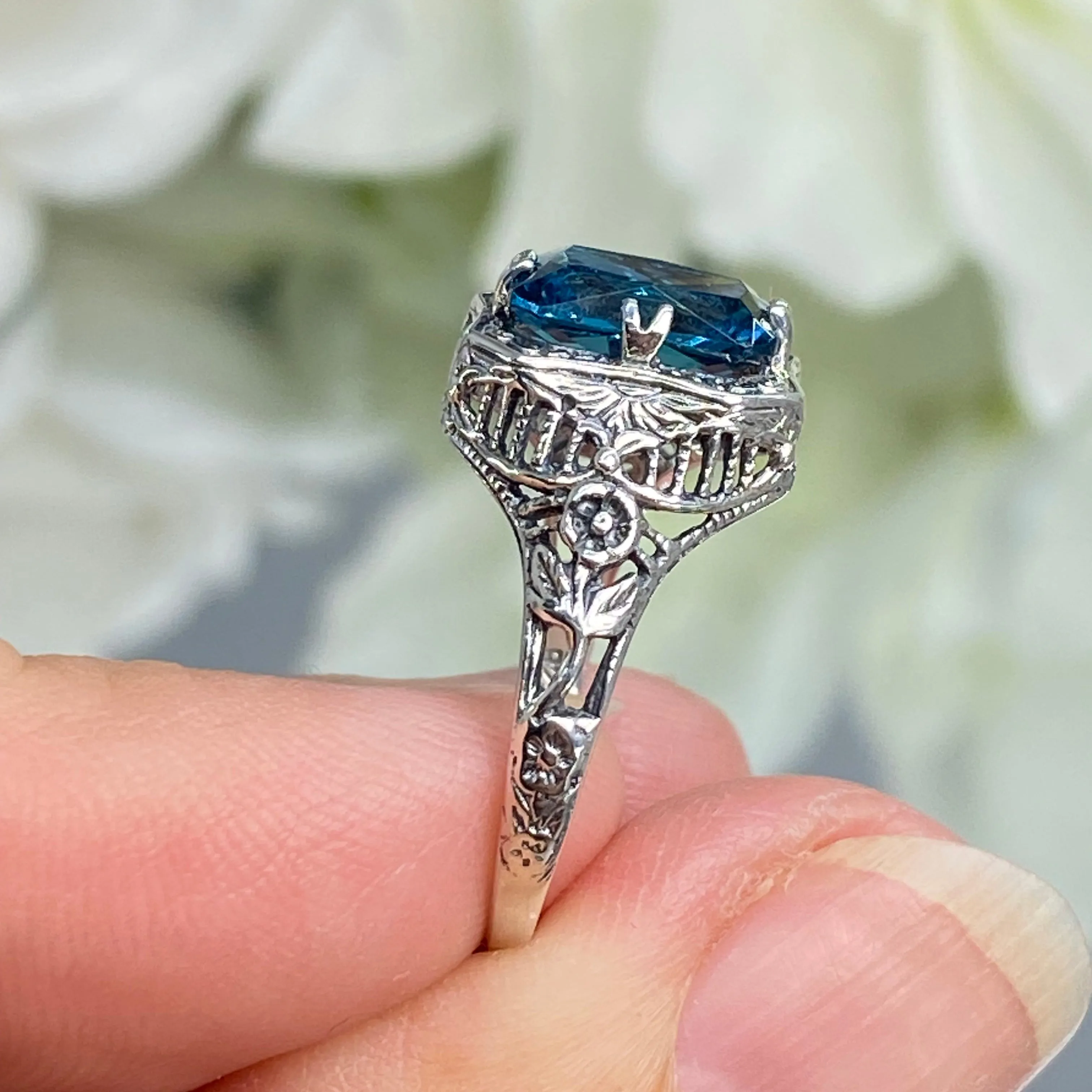 London Blue Topaz Ring, Natural or Simulated Topaz, Edwardian Jewelry #D148