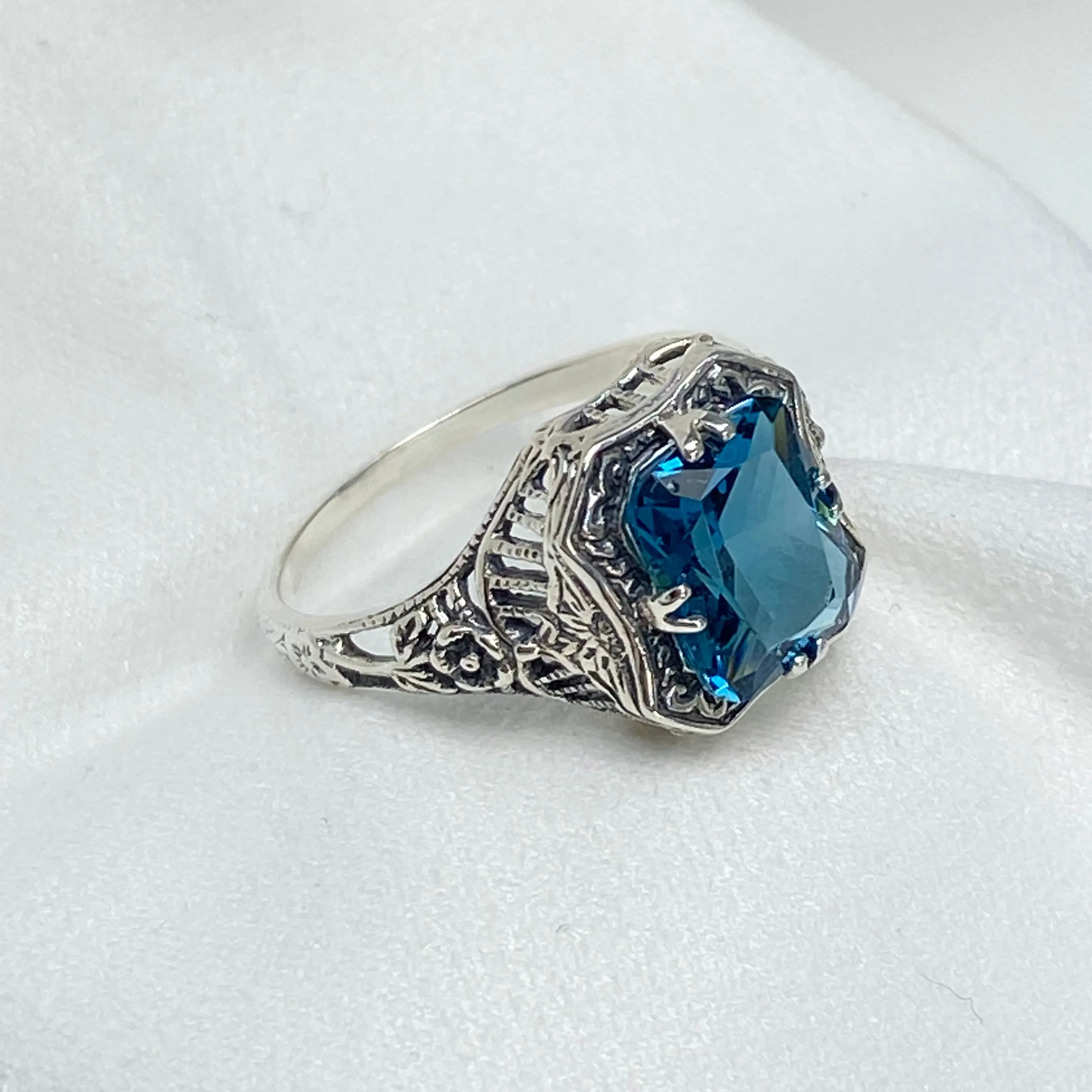 London Blue Topaz Ring, Natural or Simulated Topaz, Edwardian Jewelry #D148