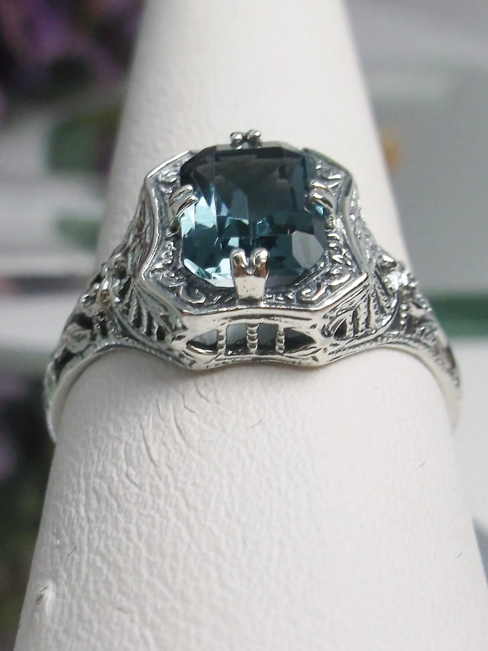 London Blue Topaz Ring, Natural or Simulated Topaz, Edwardian Jewelry #D148