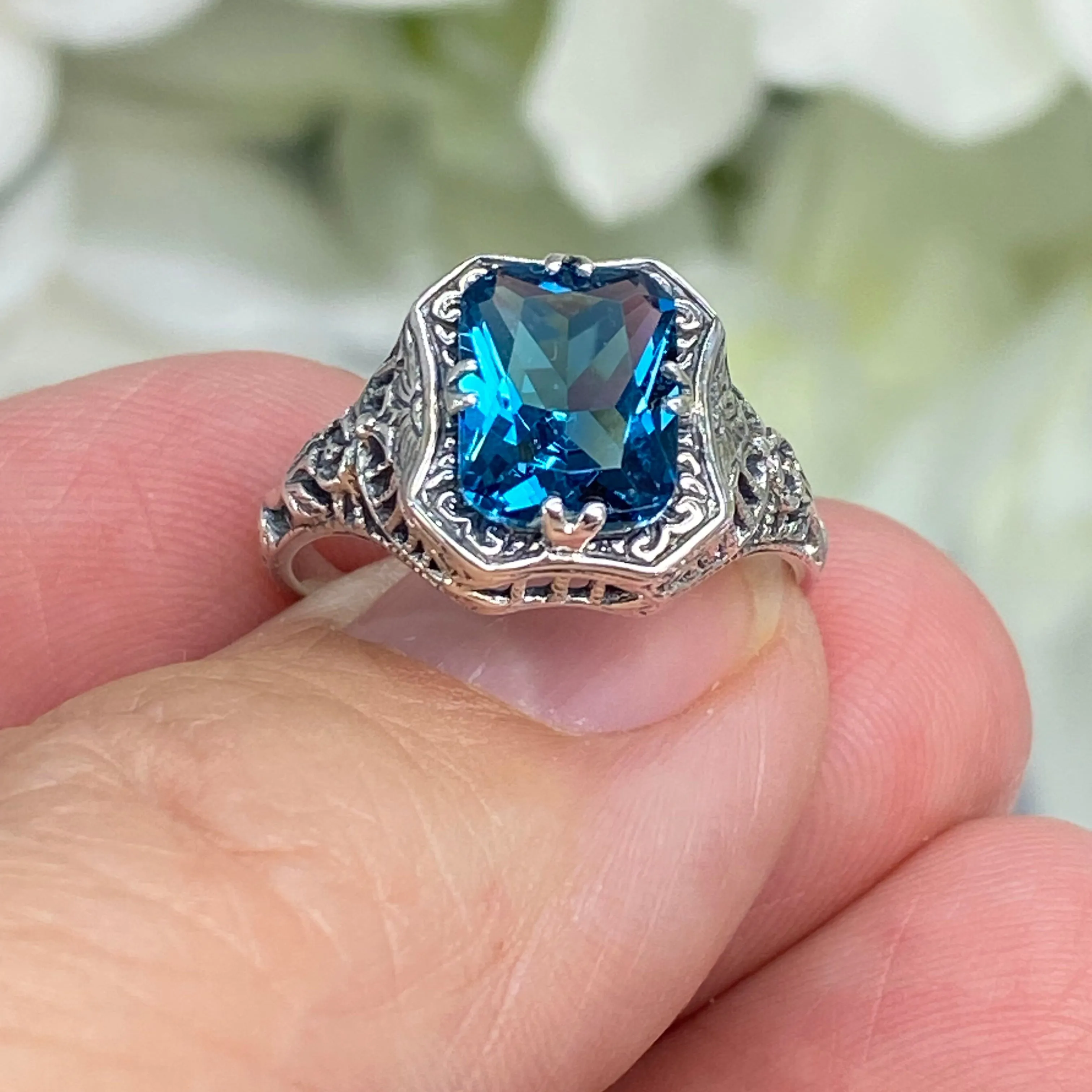 London Blue Topaz Ring, Natural or Simulated Topaz, Edwardian Jewelry #D148