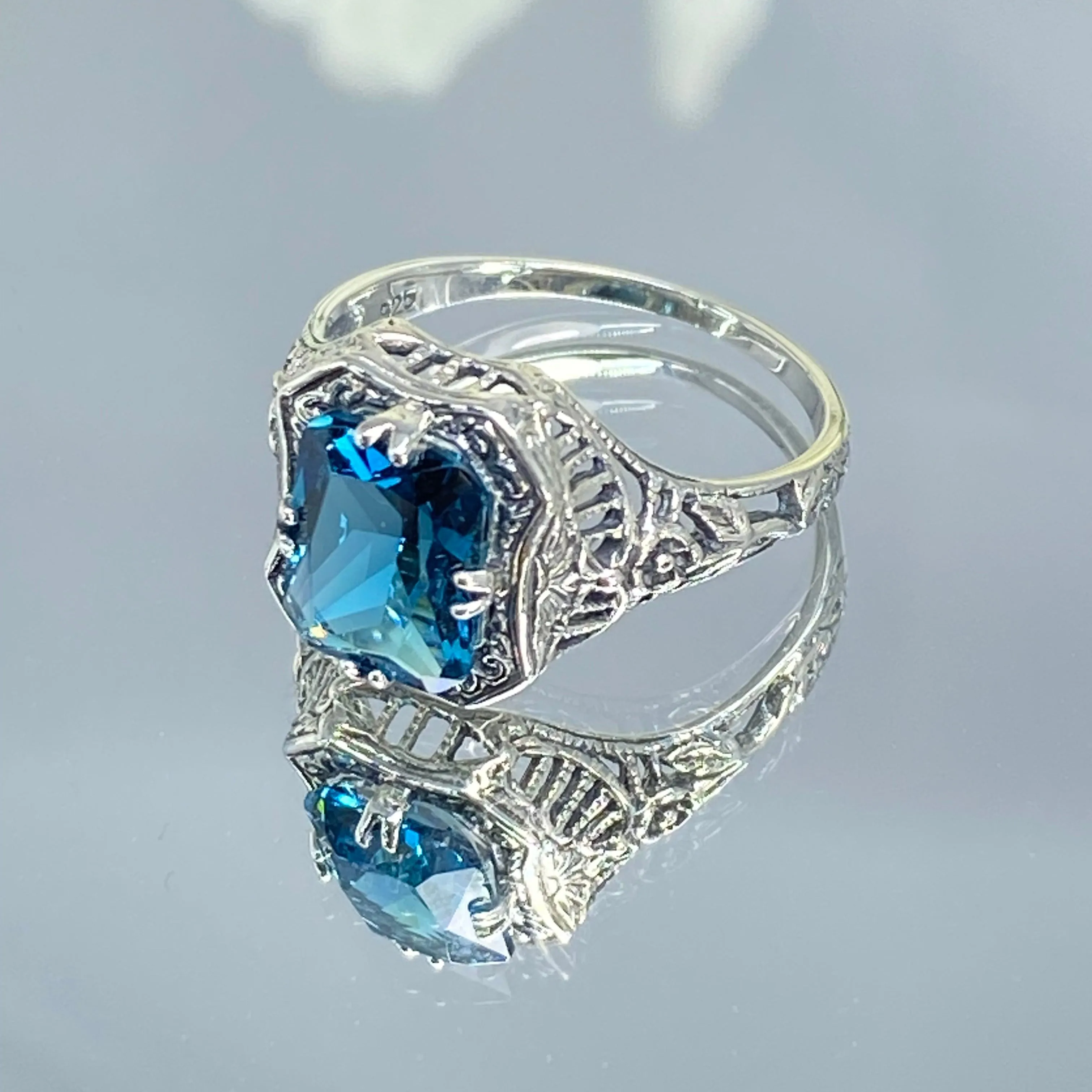 London Blue Topaz Ring, Natural or Simulated Topaz, Edwardian Jewelry #D148