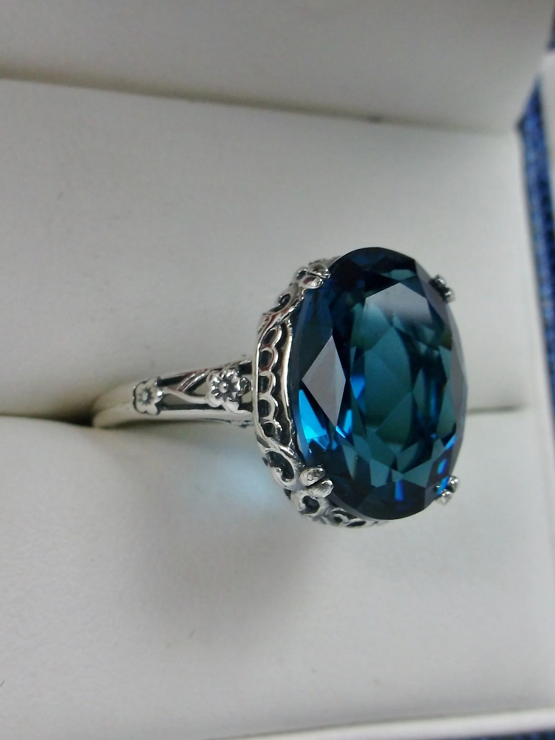 London Blue Topaz Ring, Simulated or Natural Gemstone, Edwardian Antique Reproduction Jewelry #D70
