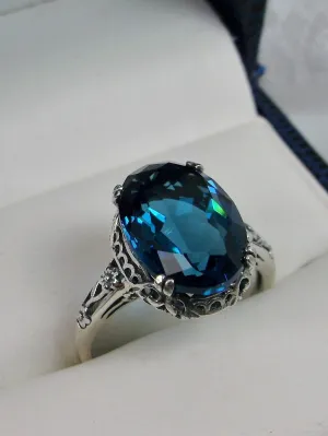 London Blue Topaz Ring, Simulated or Natural Gemstone, Edwardian Antique Reproduction Jewelry #D70