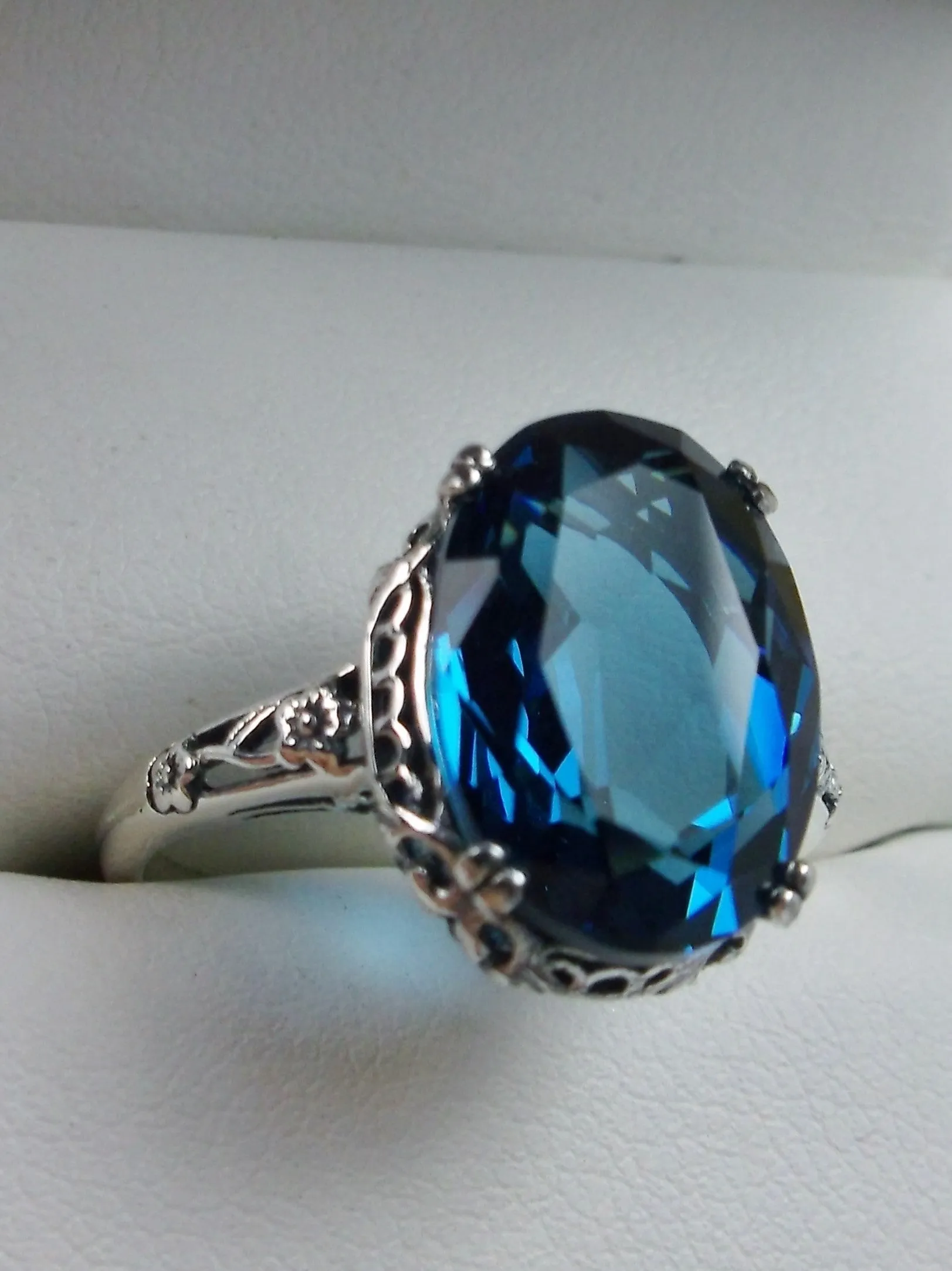 London Blue Topaz Ring, Simulated or Natural Gemstone, Edwardian Antique Reproduction Jewelry #D70