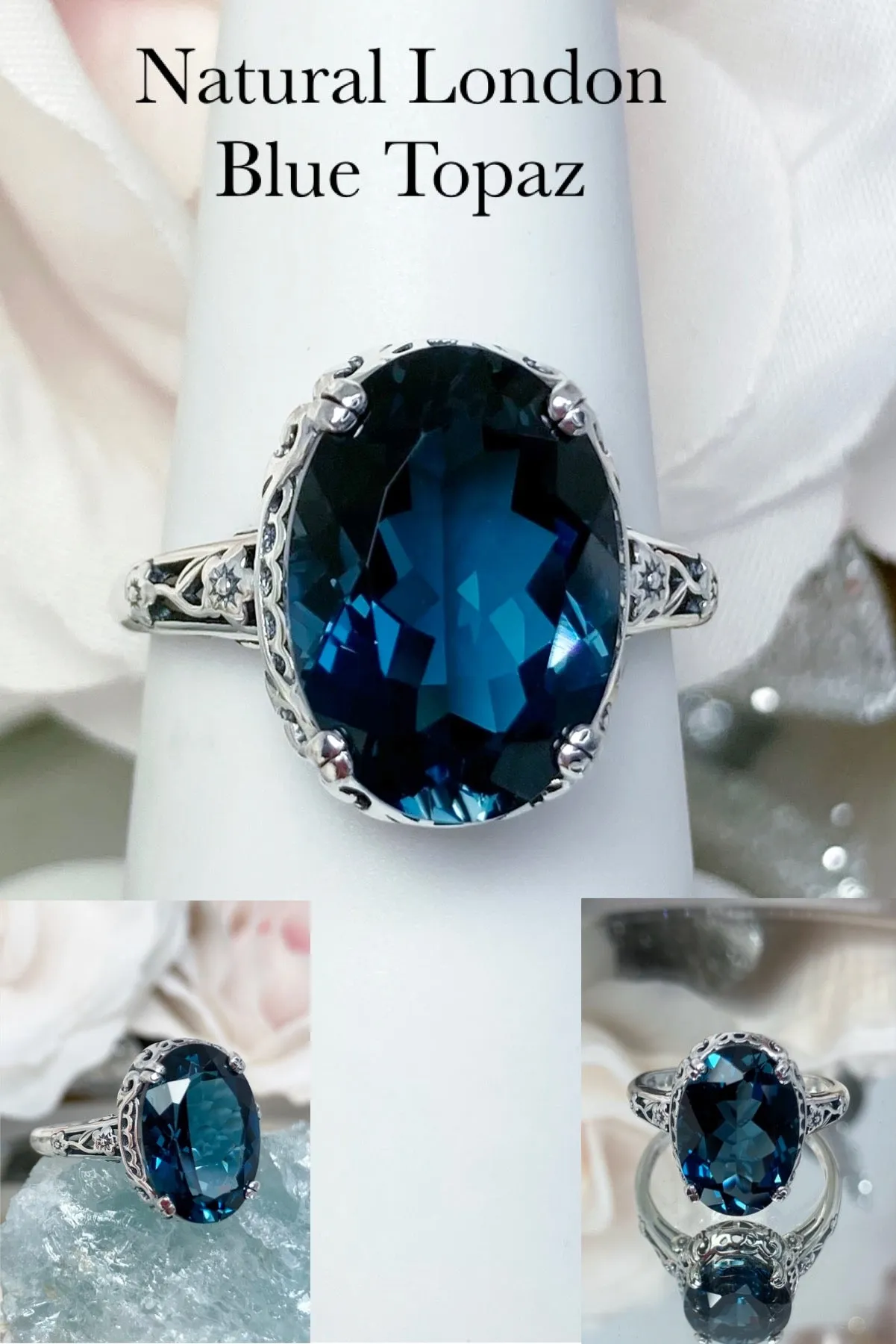 London Blue Topaz Ring, Simulated or Natural Gemstone, Edwardian Antique Reproduction Jewelry #D70