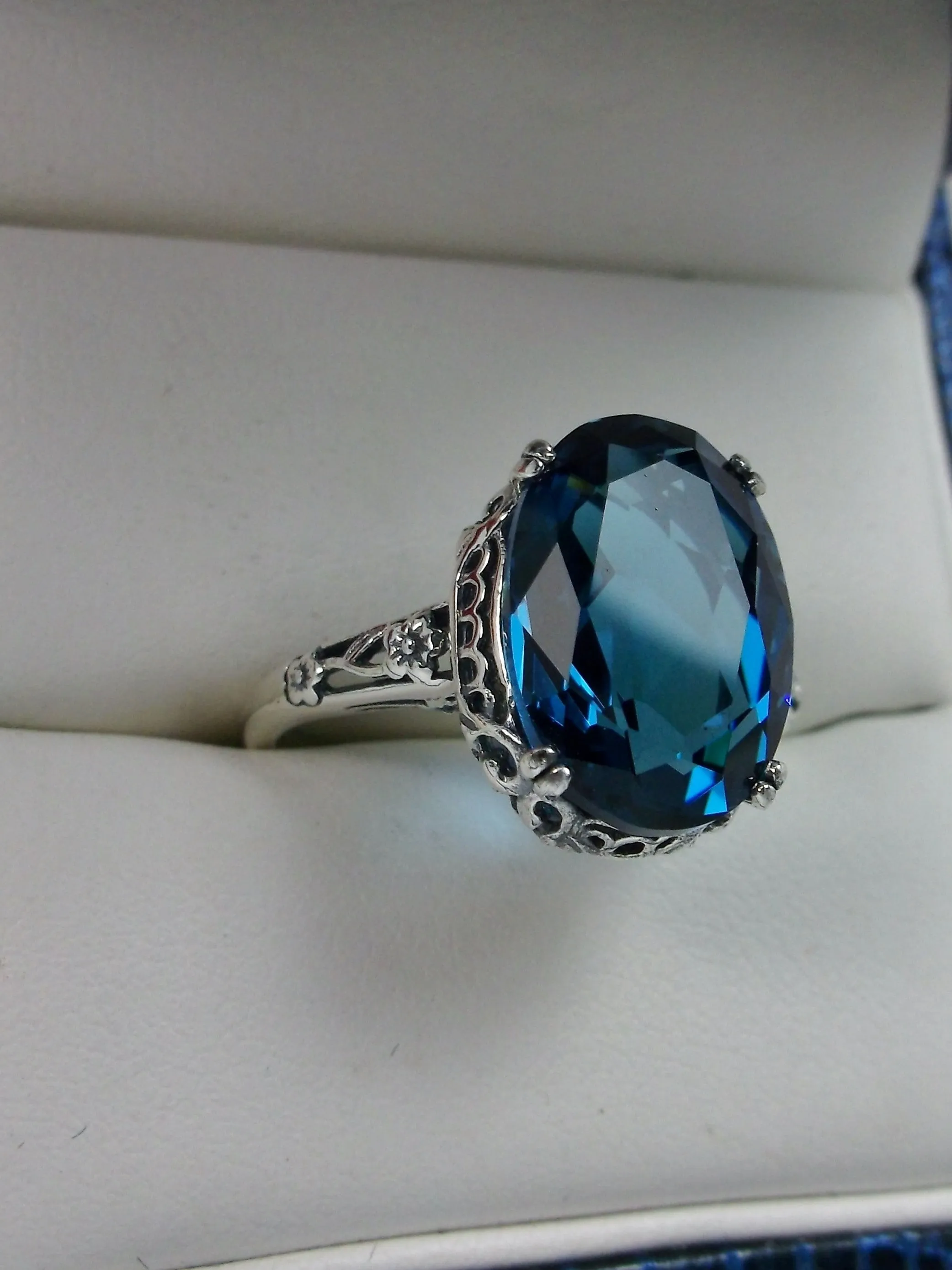 London Blue Topaz Ring, Simulated or Natural Gemstone, Edwardian Antique Reproduction Jewelry #D70
