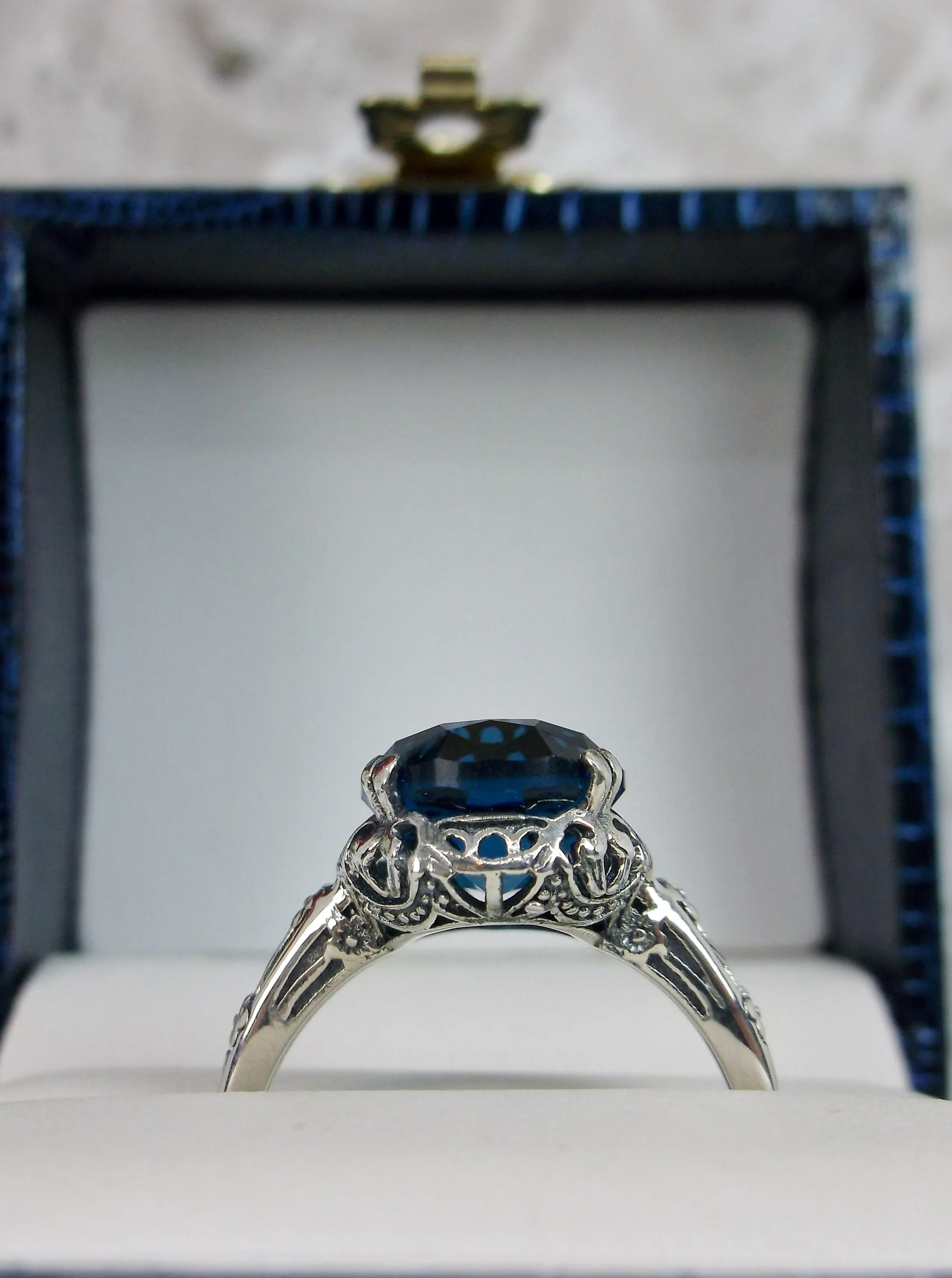 London Blue Topaz Ring, Simulated or Natural Gemstone, Edwardian Antique Reproduction Jewelry #D70