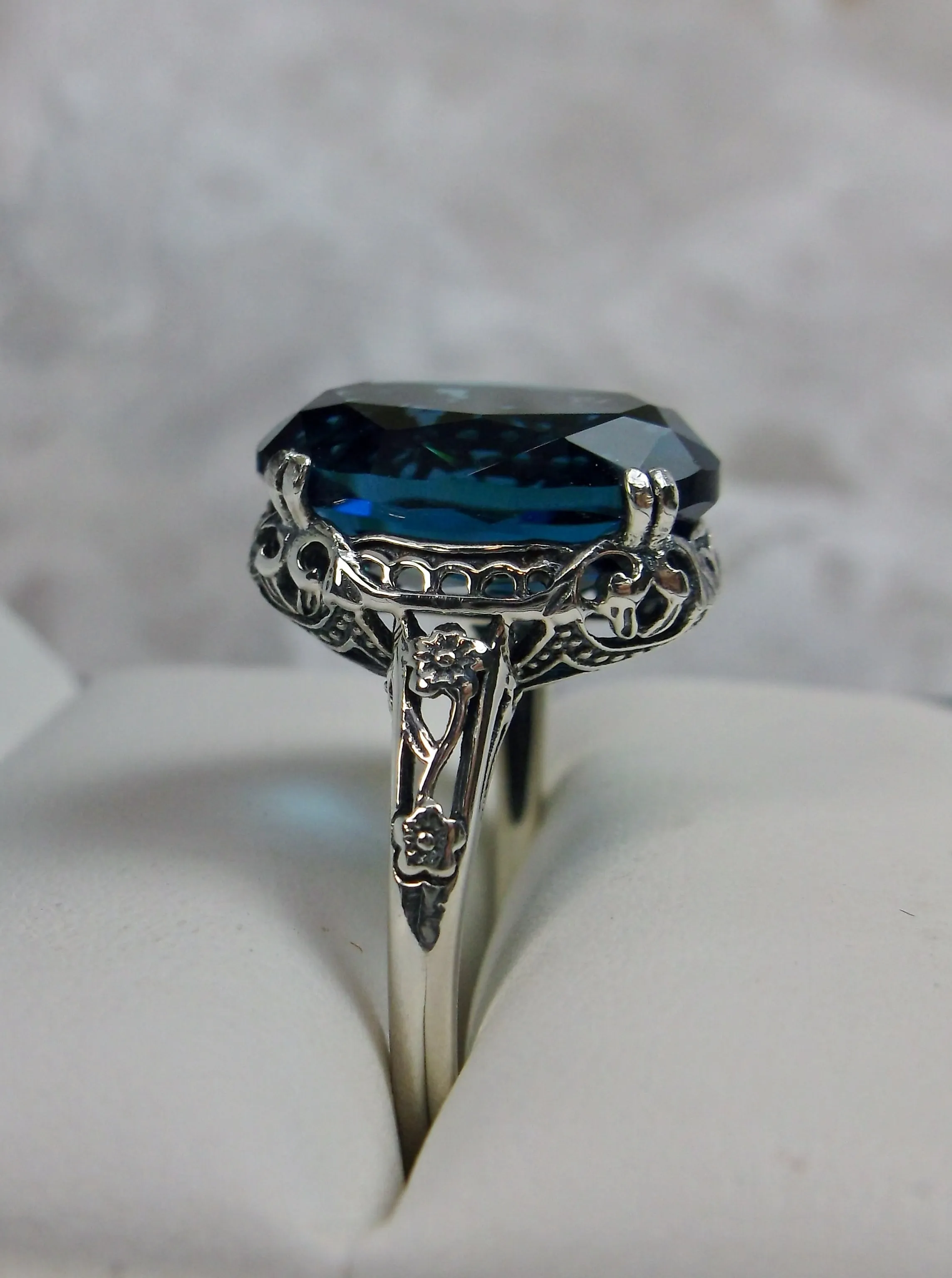 London Blue Topaz Ring, Simulated or Natural Gemstone, Edwardian Antique Reproduction Jewelry #D70