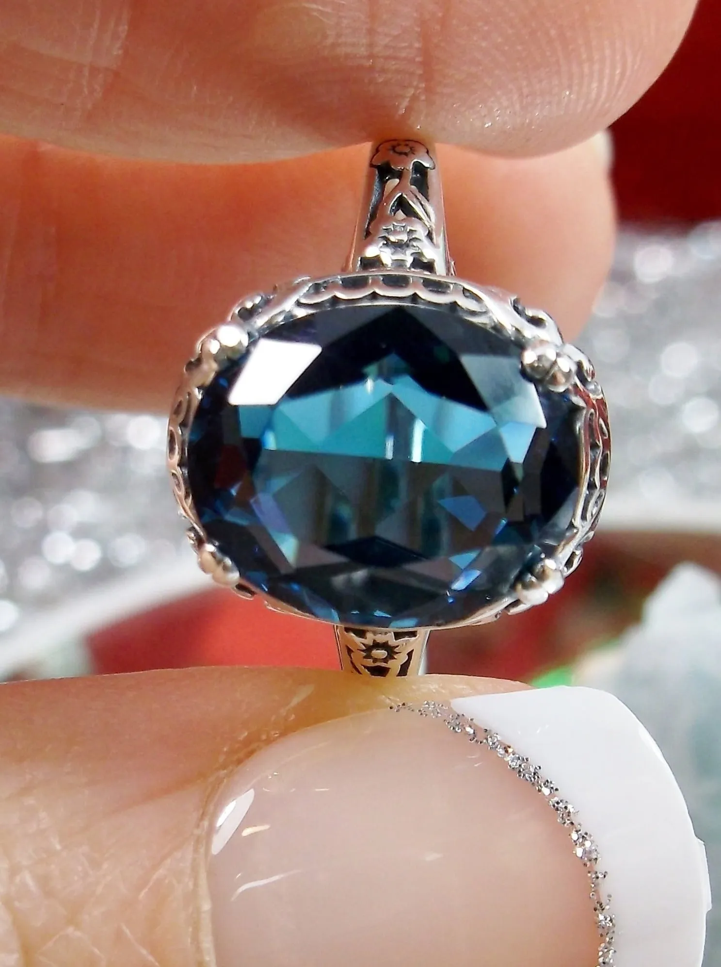 London Blue Topaz Ring, Simulated or Natural Topaz, Edwardian Jewelry #D70z