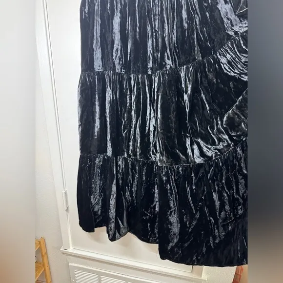Lucia Lukken Black Velvet Tiered Broomskirts A Line Elastic Waist Skirt Size M