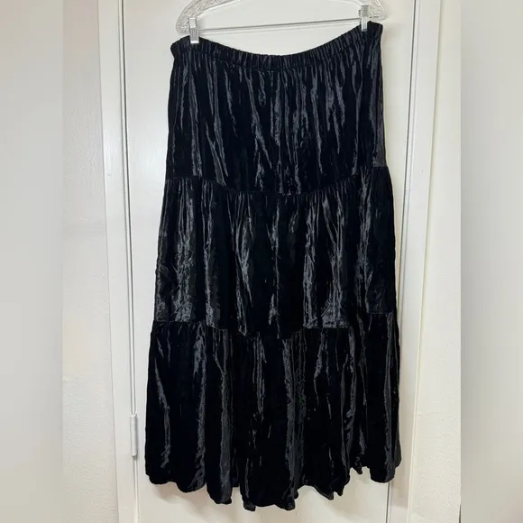 Lucia Lukken Black Velvet Tiered Broomskirts A Line Elastic Waist Skirt Size M