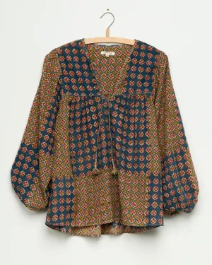 Madhuri L/S Peasant Top in Engineered Block Print