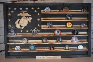 Marines Challenge Coin Display Rack Holder - Rustic Devil Dog American Flag - Military Coin Display - Semper Fi