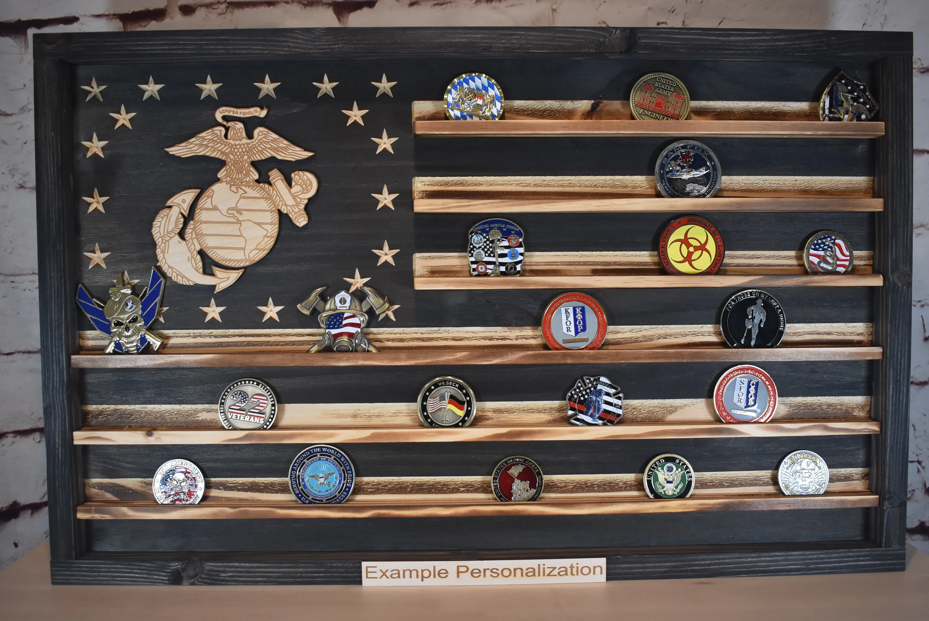 Marines Challenge Coin Display Rack Holder - Rustic Devil Dog American Flag - Military Coin Display - Semper Fi