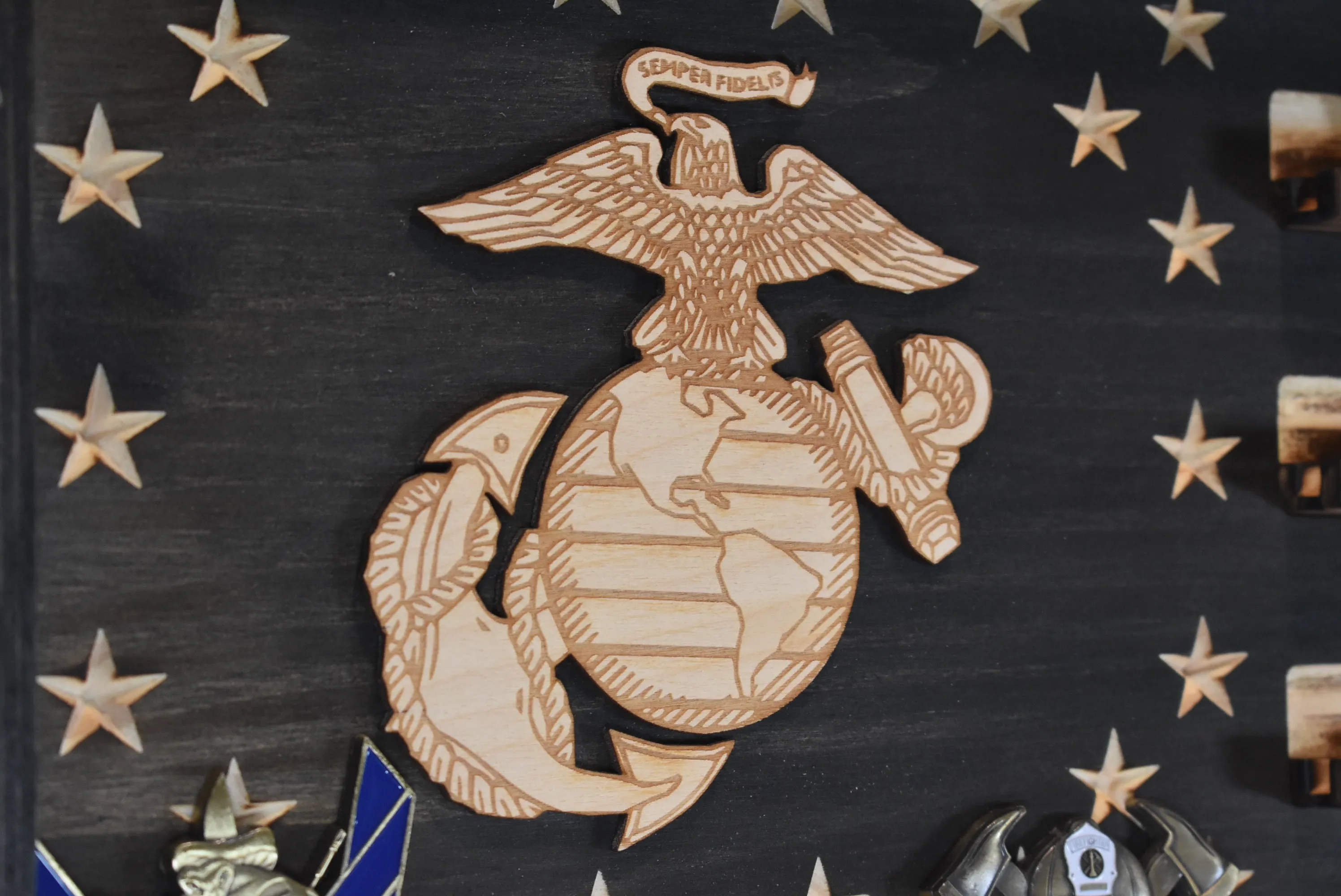 Marines Challenge Coin Display Rack Holder - Rustic Devil Dog American Flag - Military Coin Display - Semper Fi