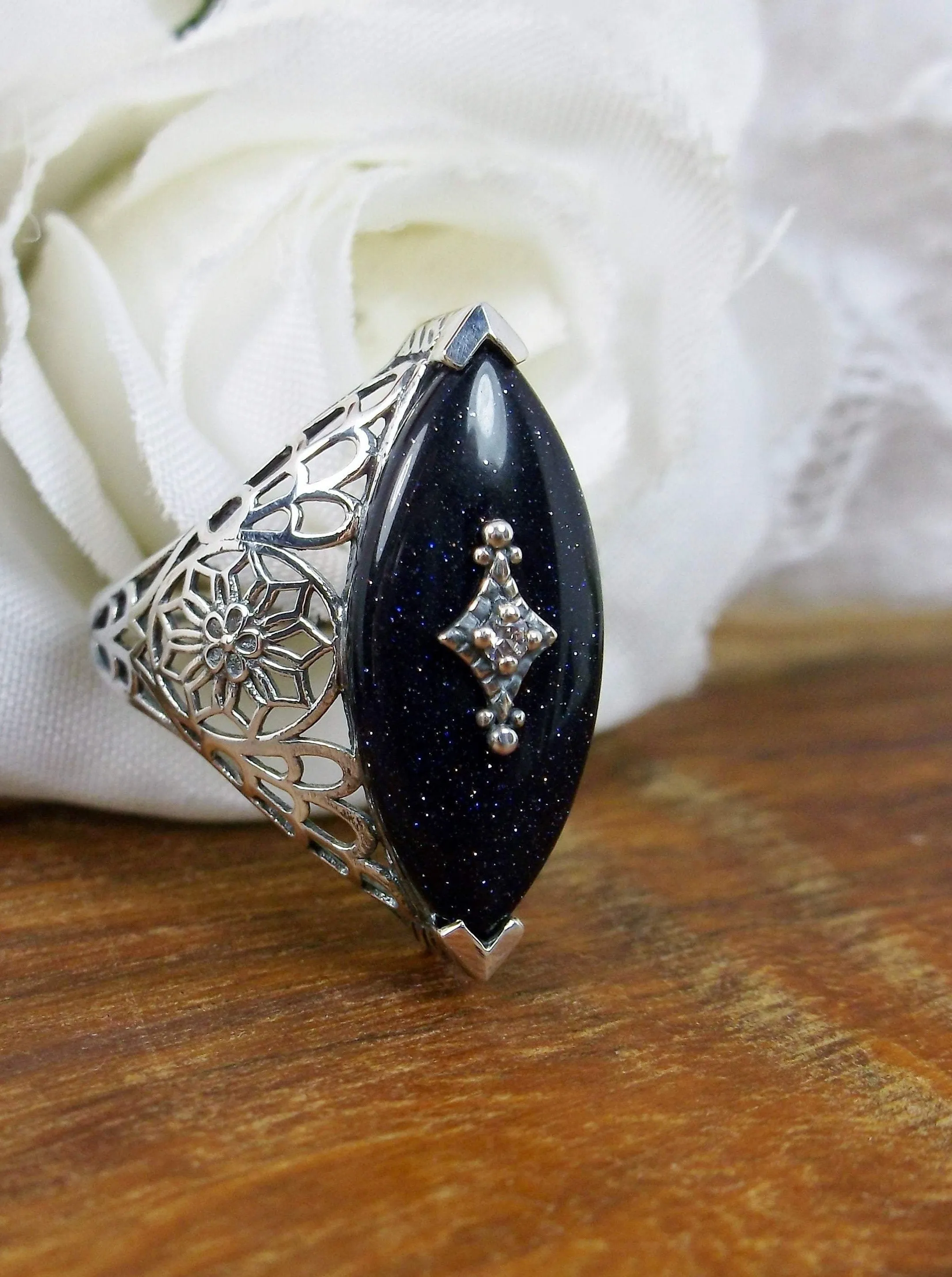 Marquise Ring, Black Sparkle Camphor Glass, Edwardian Style Jewelry #D236
