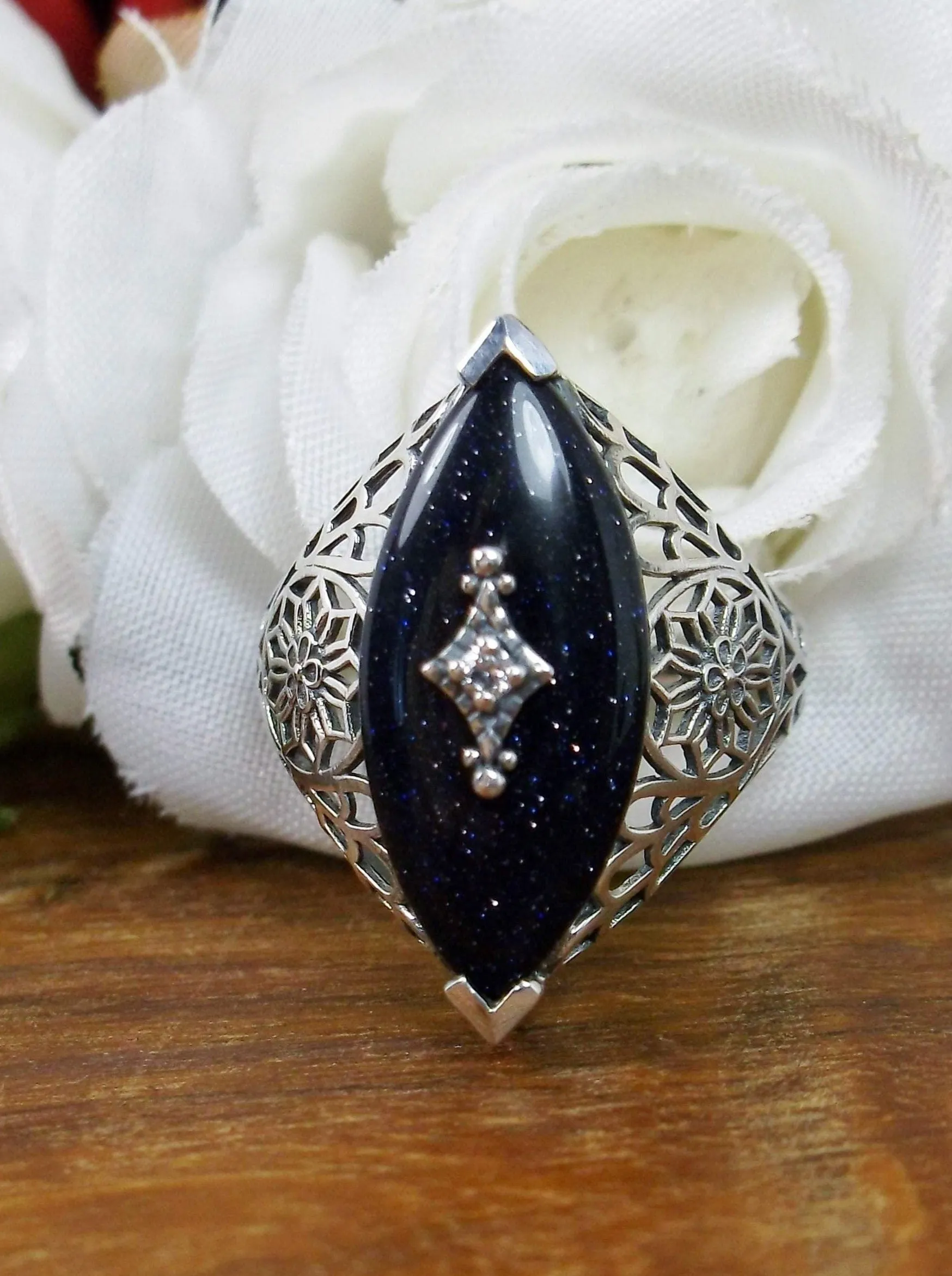 Marquise Ring, Black Sparkle Camphor Glass, Edwardian Style Jewelry #D236