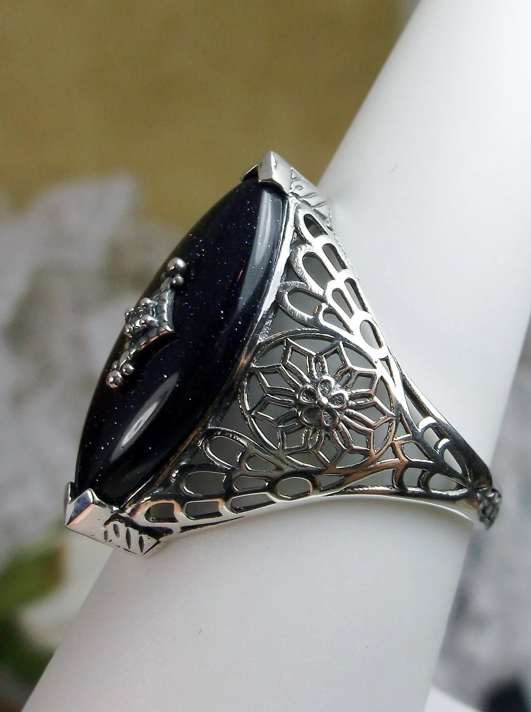 Marquise Ring, Black Sparkle Camphor Glass, Edwardian Style Jewelry #D236
