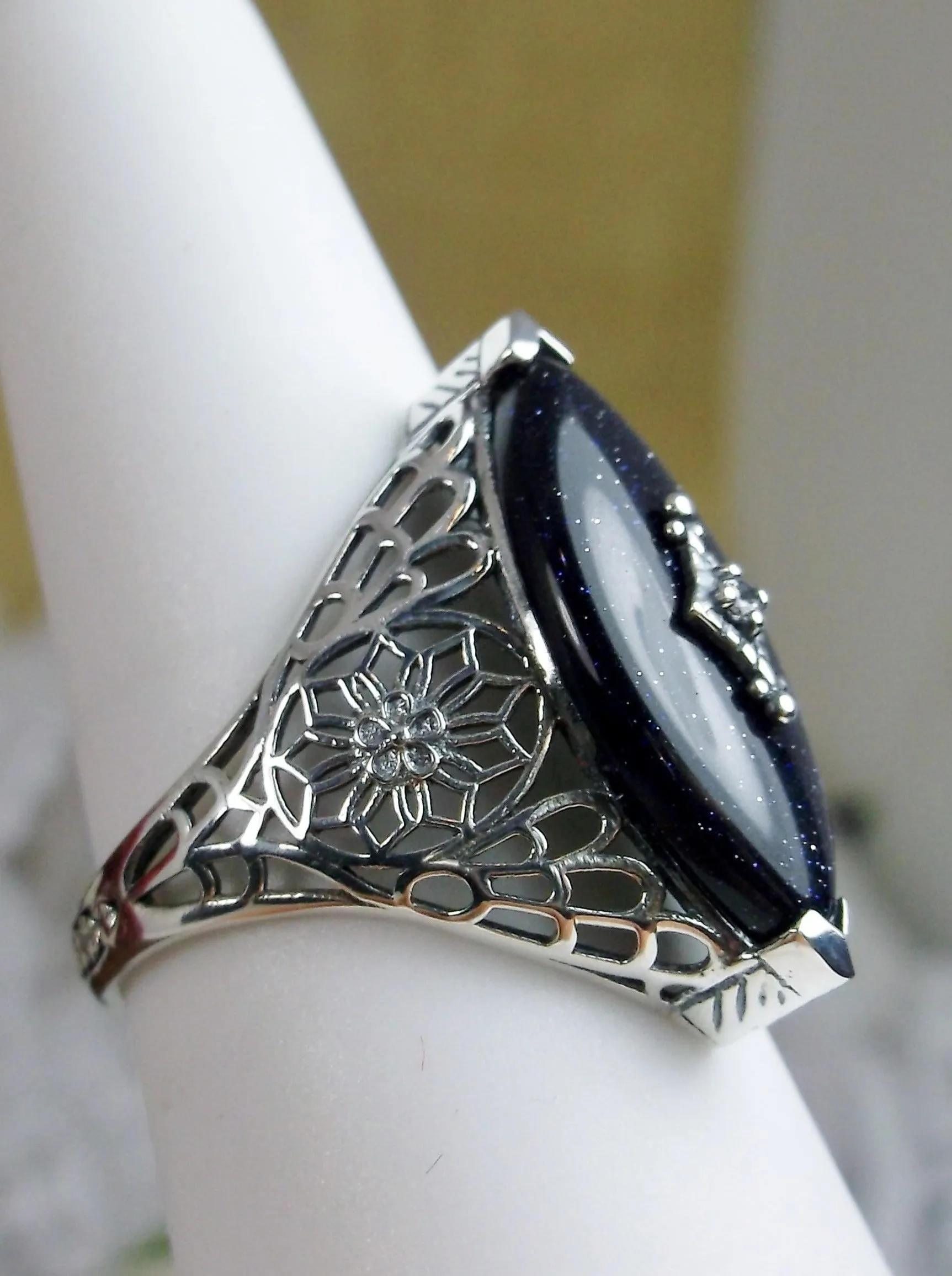 Marquise Ring, Black Sparkle Camphor Glass, Edwardian Style Jewelry #D236
