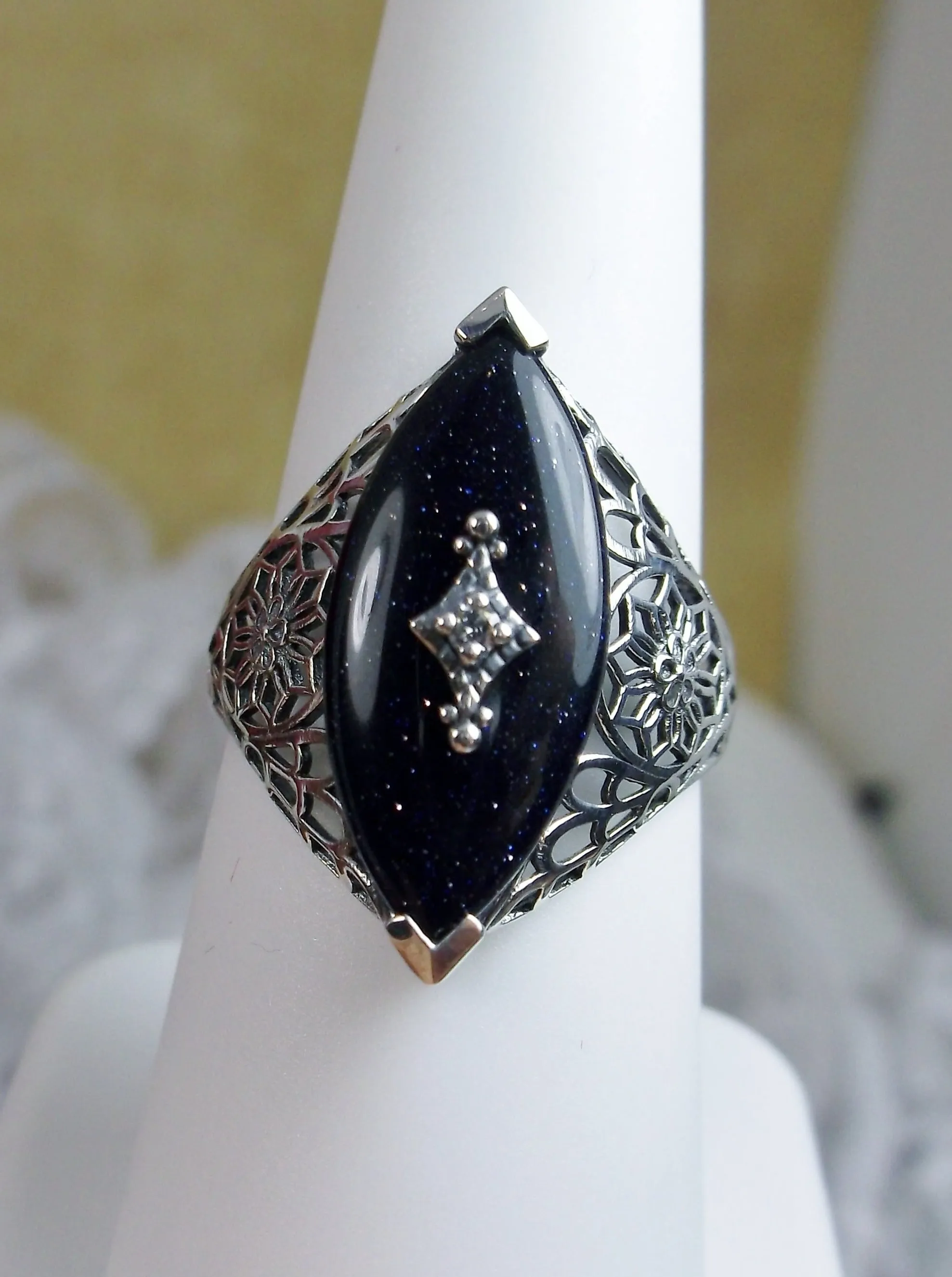 Marquise Ring, Black Sparkle Camphor Glass, Edwardian Style Jewelry #D236