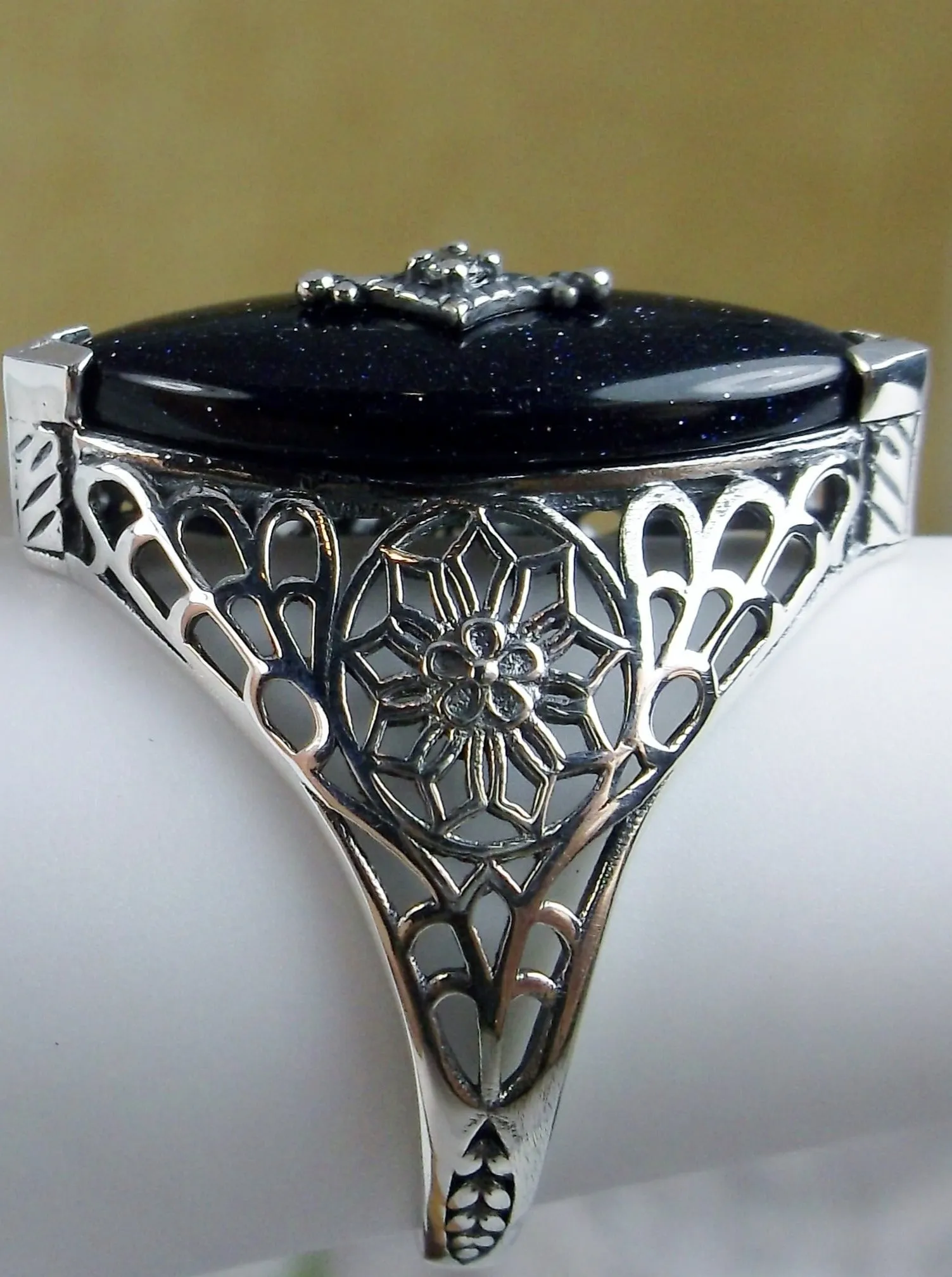 Marquise Ring, Black Sparkle Camphor Glass, Edwardian Style Jewelry #D236
