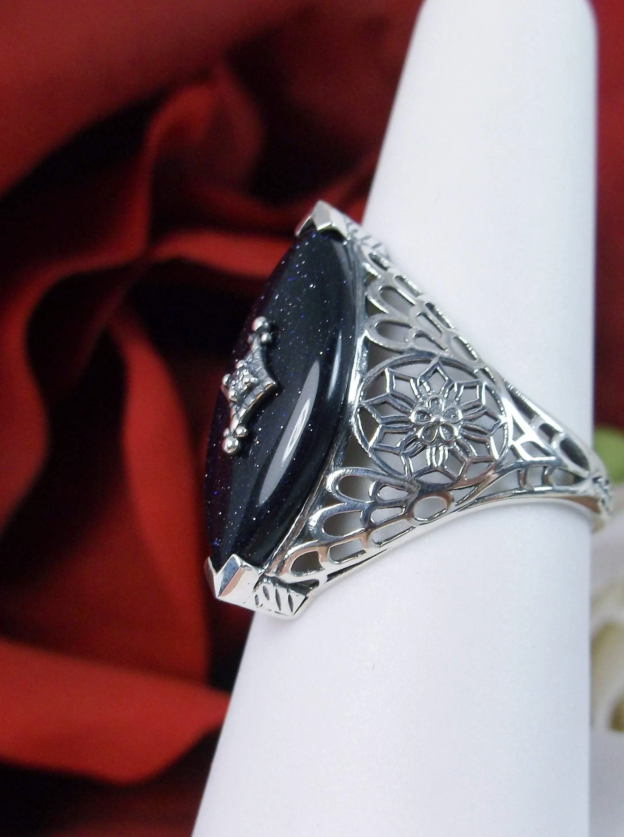 Marquise Ring, Black Sparkle Camphor Glass, Edwardian Style Jewelry #D236