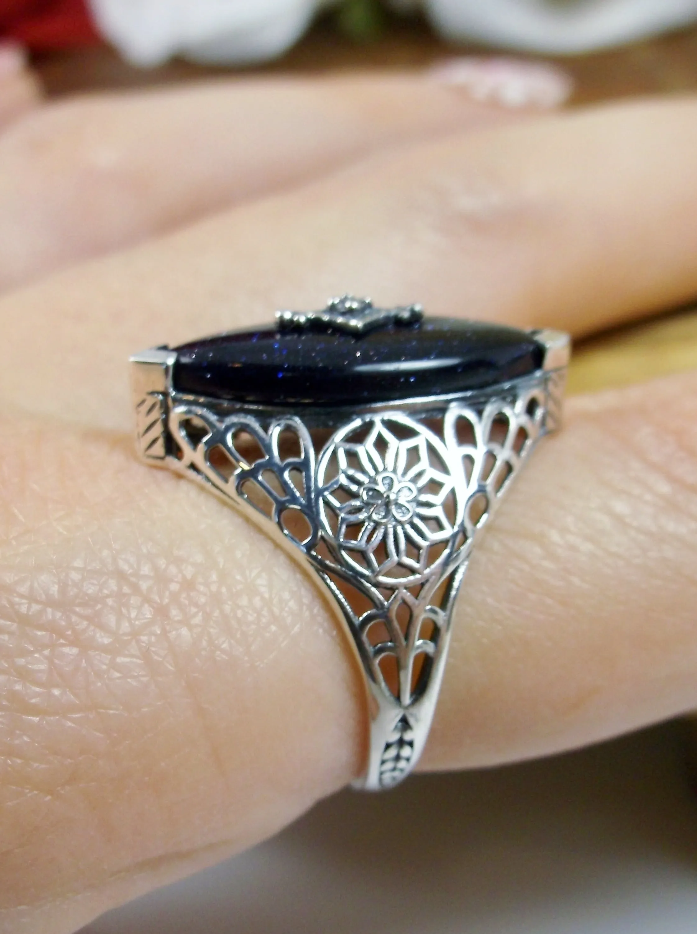 Marquise Ring, Black Sparkle Camphor Glass, Edwardian Style Jewelry #D236