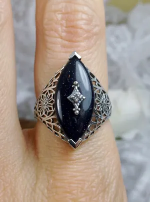 Marquise Ring, Black Sparkle Camphor Glass, Edwardian Style Jewelry #D236