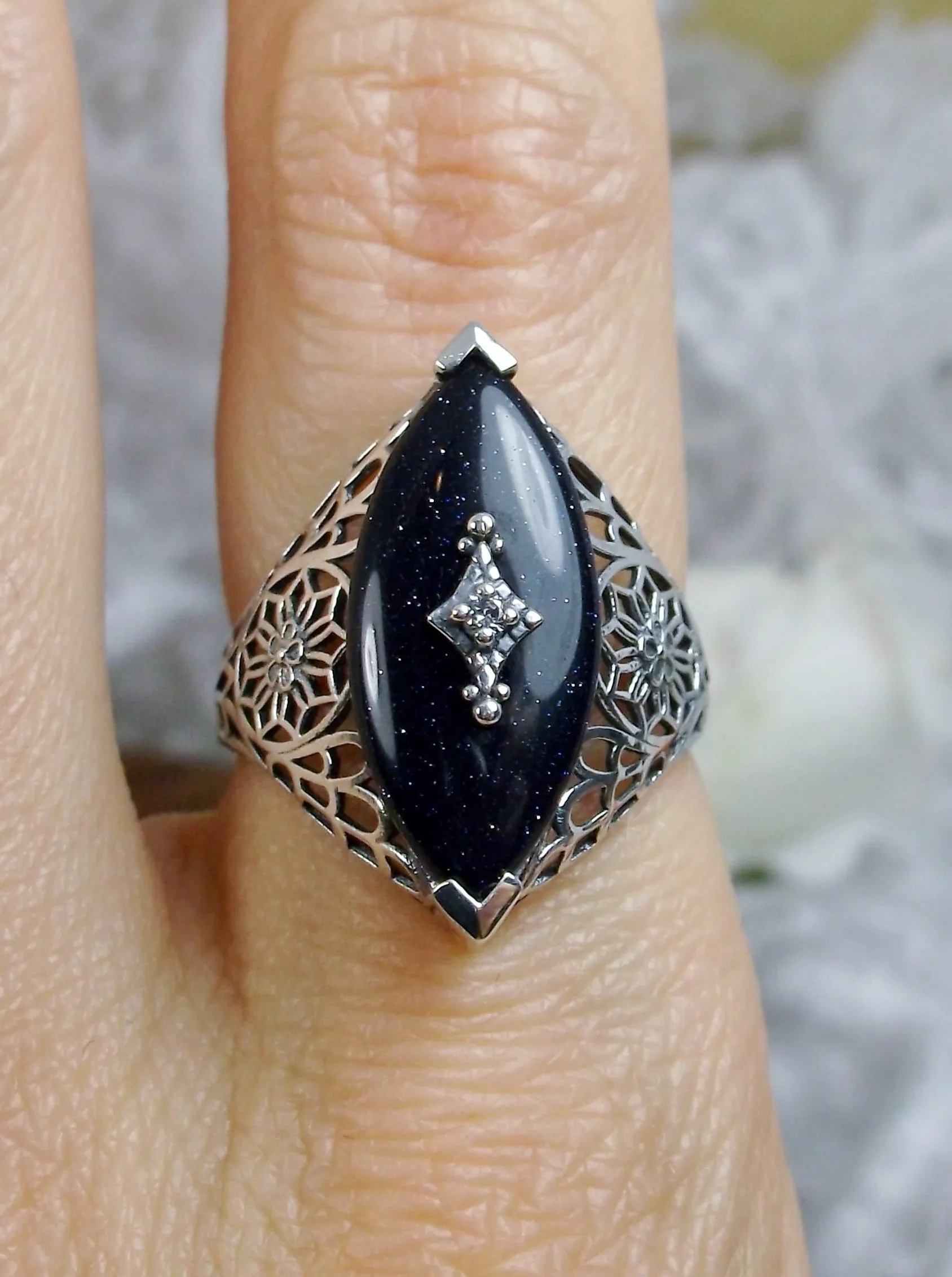 Marquise Ring, Black Sparkle Camphor Glass, Edwardian Style Jewelry #D236