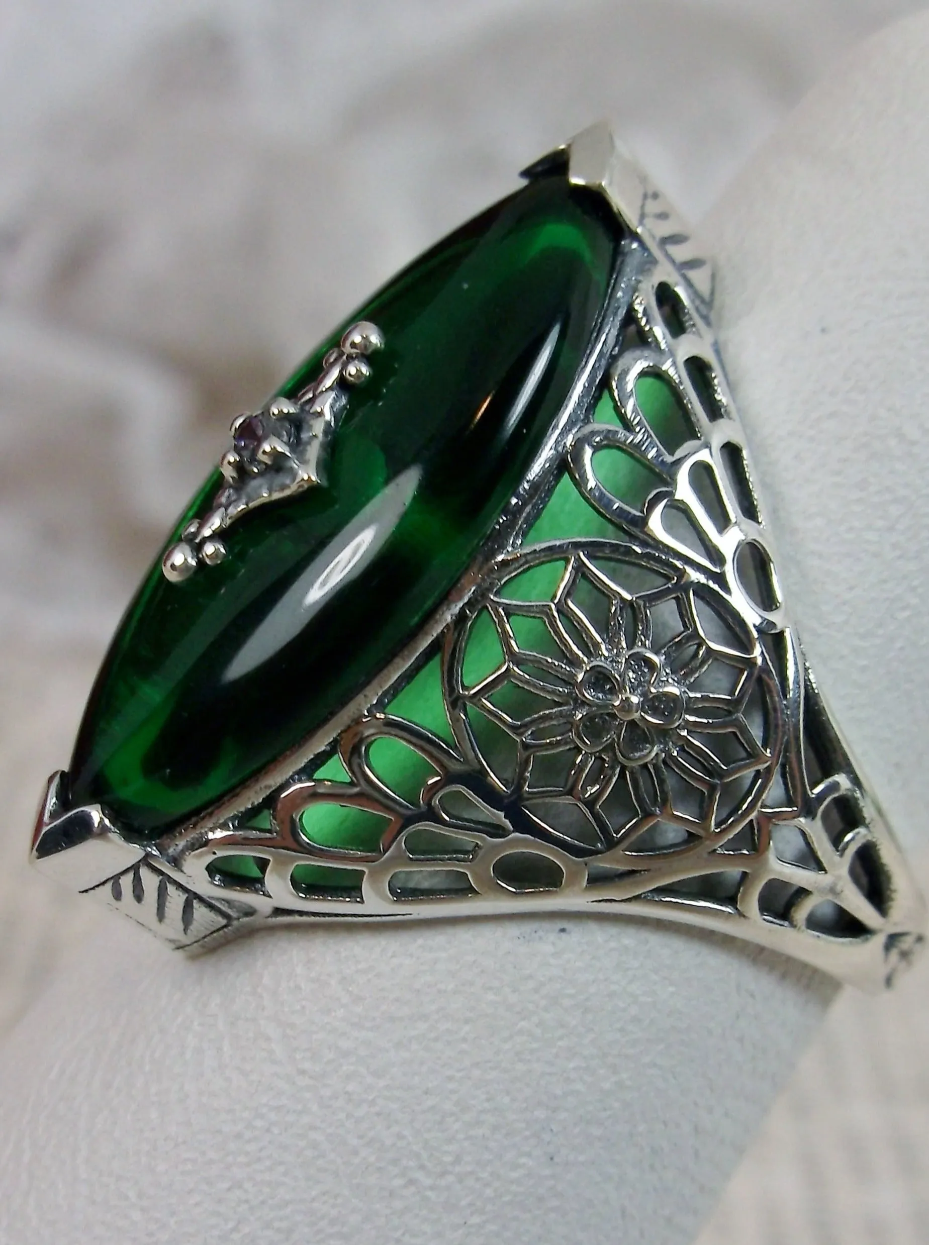 Marquise Ring, Green Camphor Glass, Edwardian Style Jewelry #D236