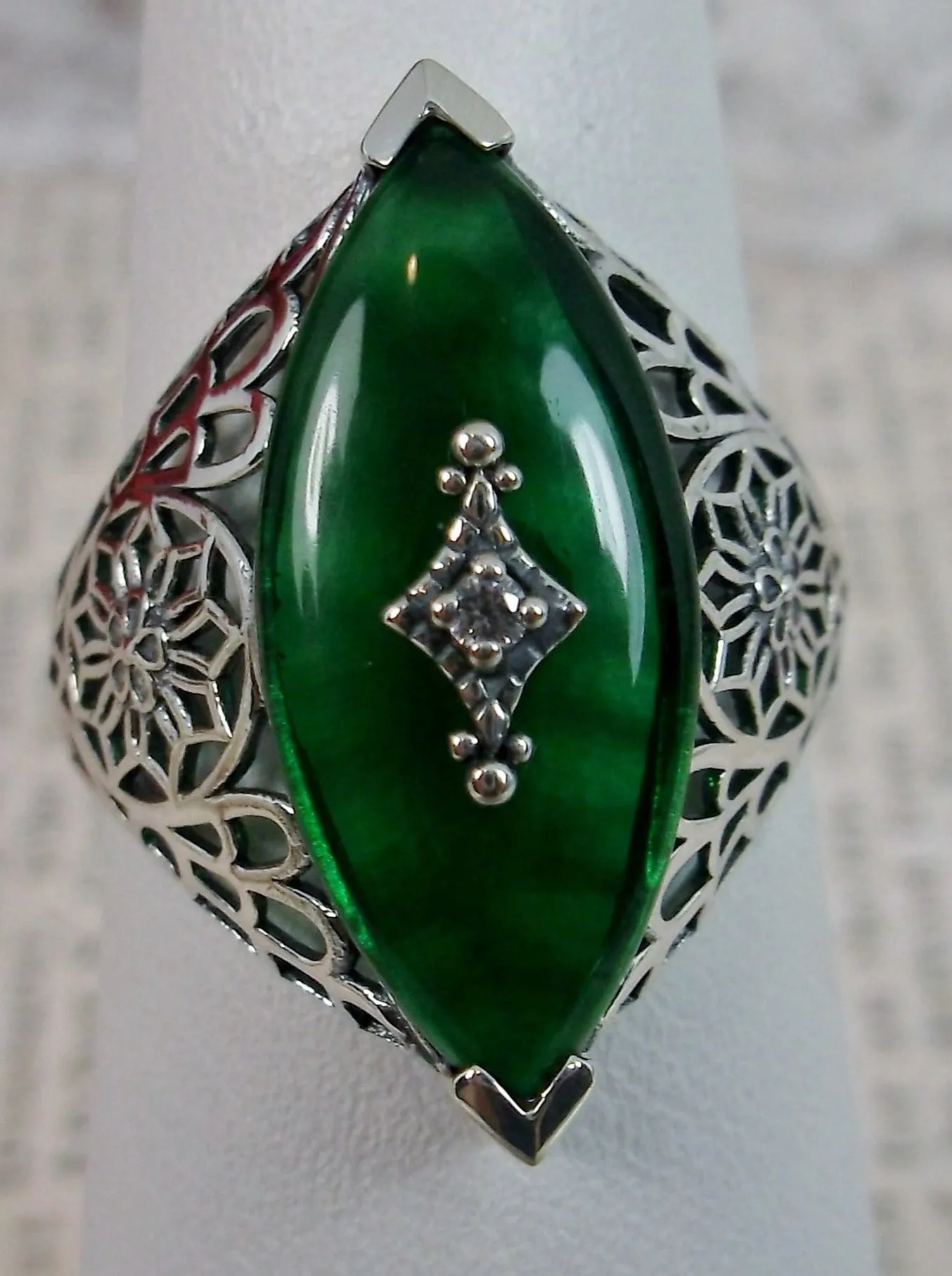 Marquise Ring, Green Camphor Glass, Edwardian Style Jewelry #D236